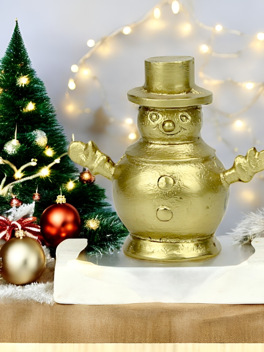 

Hind Decor Gold-Toned Textured Christmas Snowman On Marble Base Figurine Showpiece