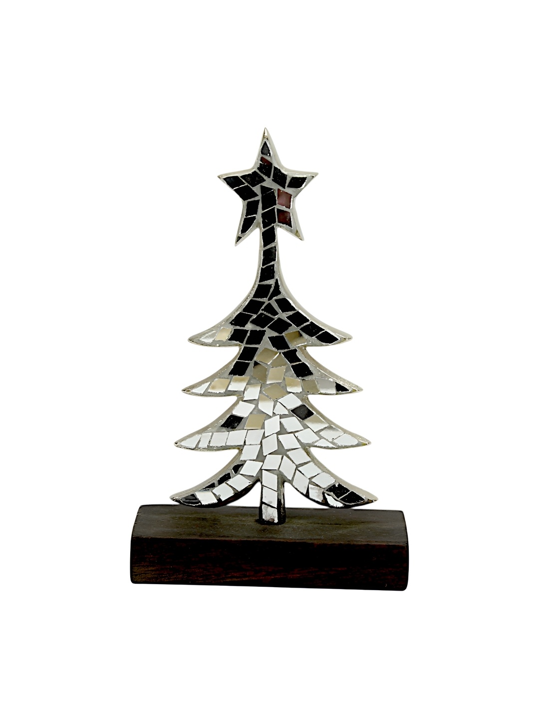 

Hind Decor Silver-Toned & Brown Wooden Christmas Tree On Wooden Base Showpiece