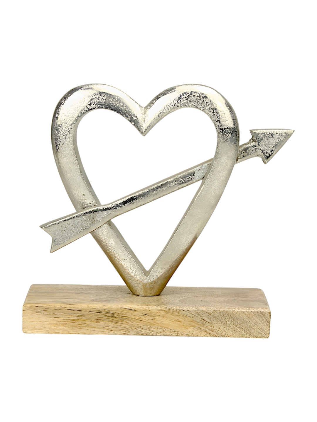 

Hind Decor Silver Toned Aluminium Heart Wooden Base Showpiece
