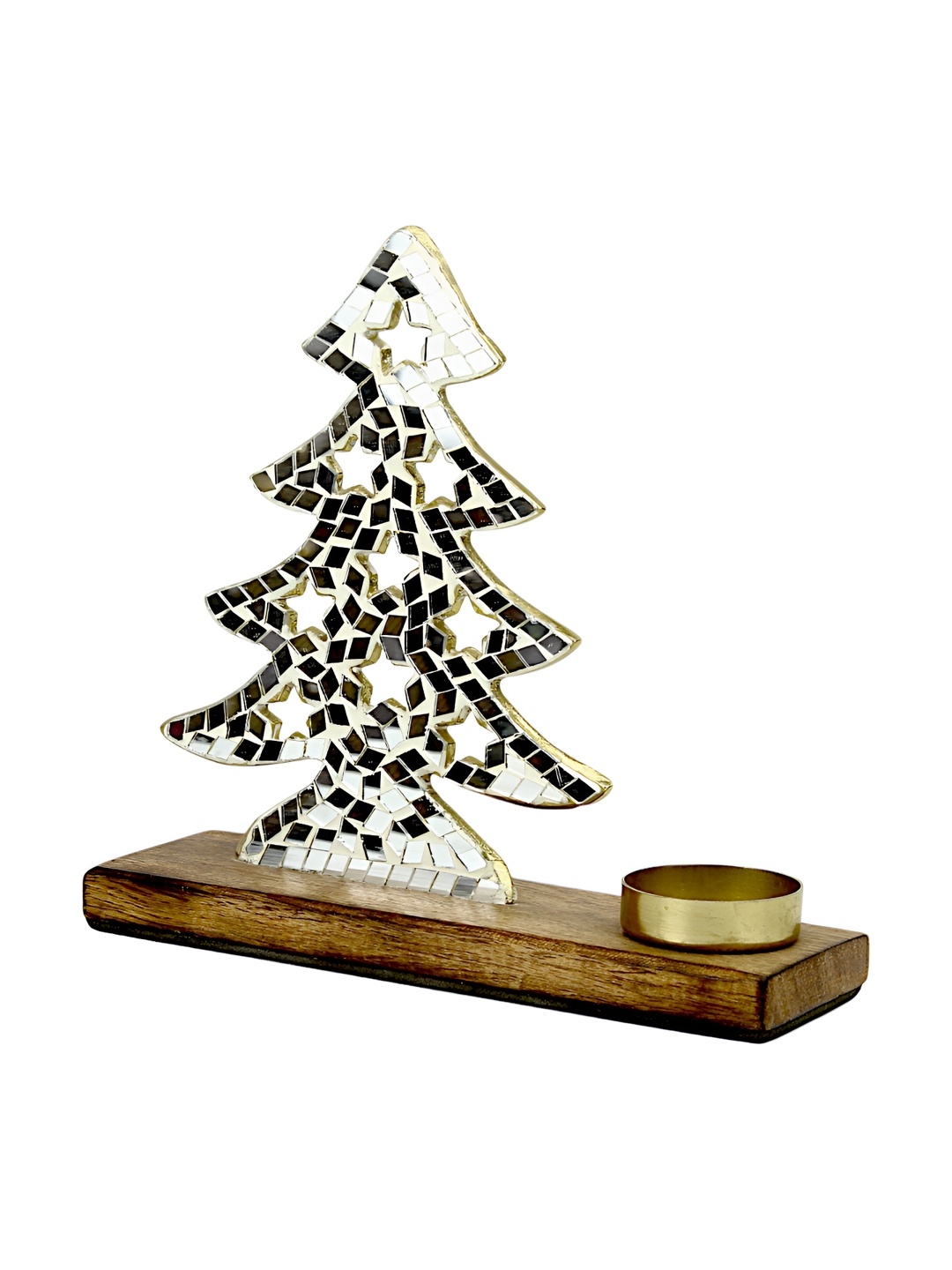 

Hind Decor Silver-Toned Textured Christmas Tree Shaped Wooden Base Candle Holder