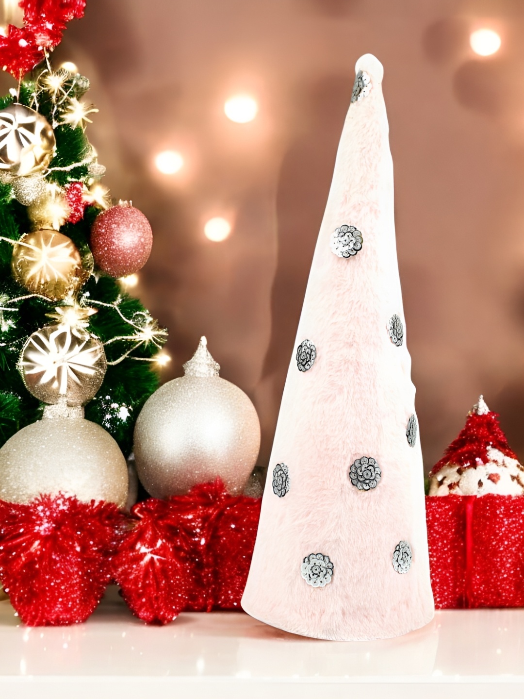 

Hind Decor Pink & Silver Toned Christmas Decorative Cone With Themed Fur Covering