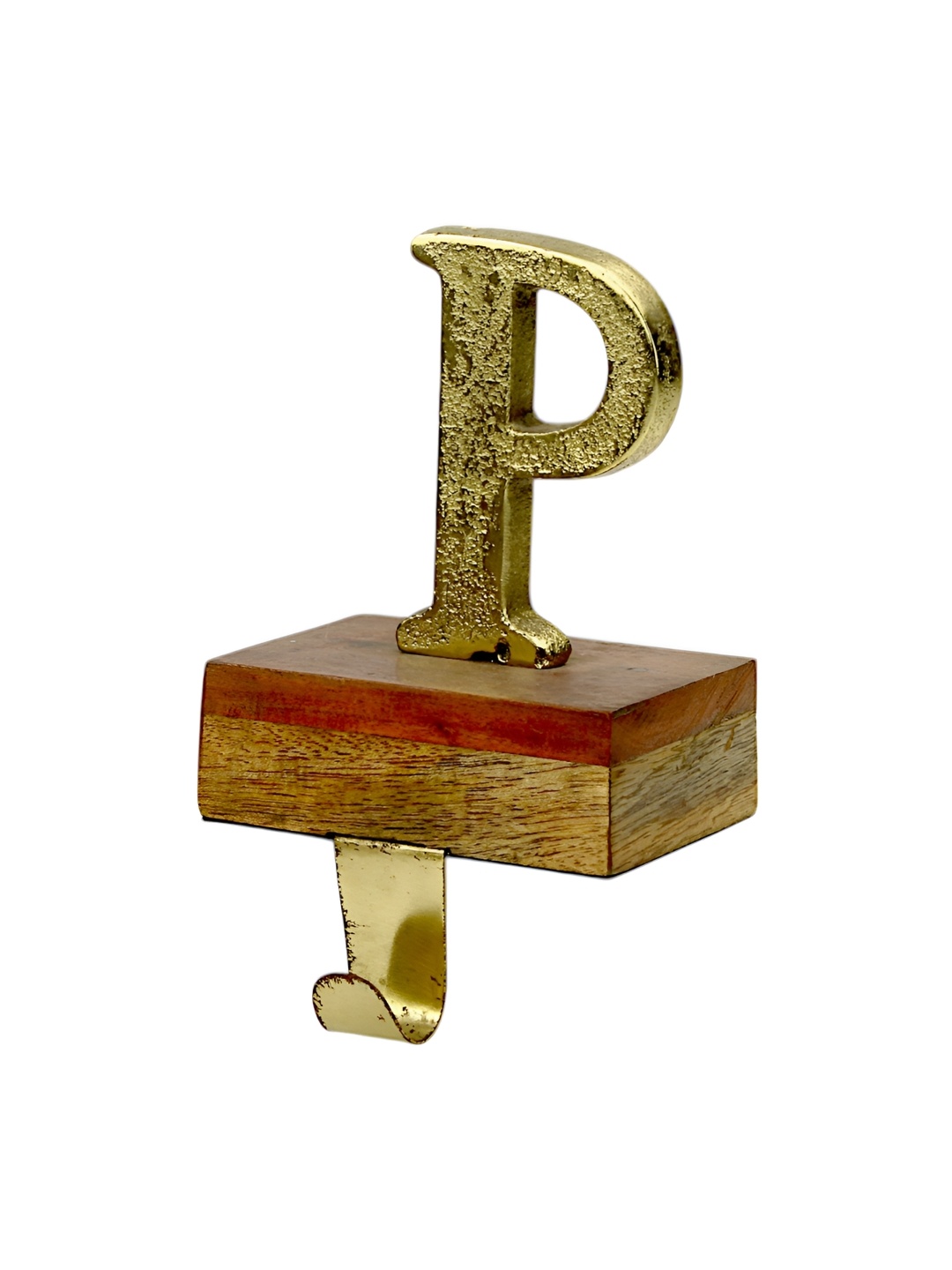Hind Decor Gold-Toned & Brown Textured P Shaped Wooden Base Stocking Holder