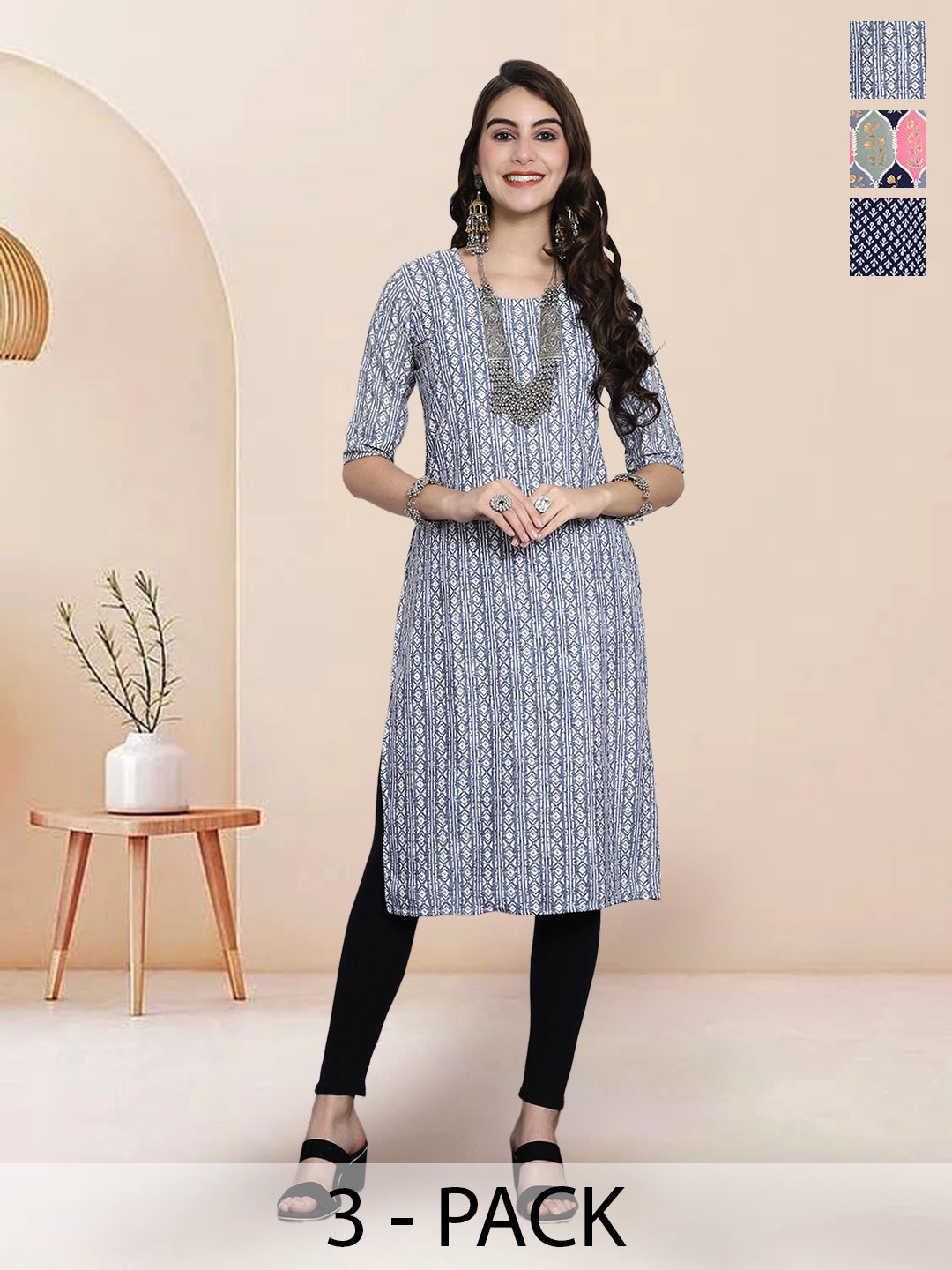 

7Threads Selection Of 3 Geometric Printed Round Neck Straight Kurtas, White