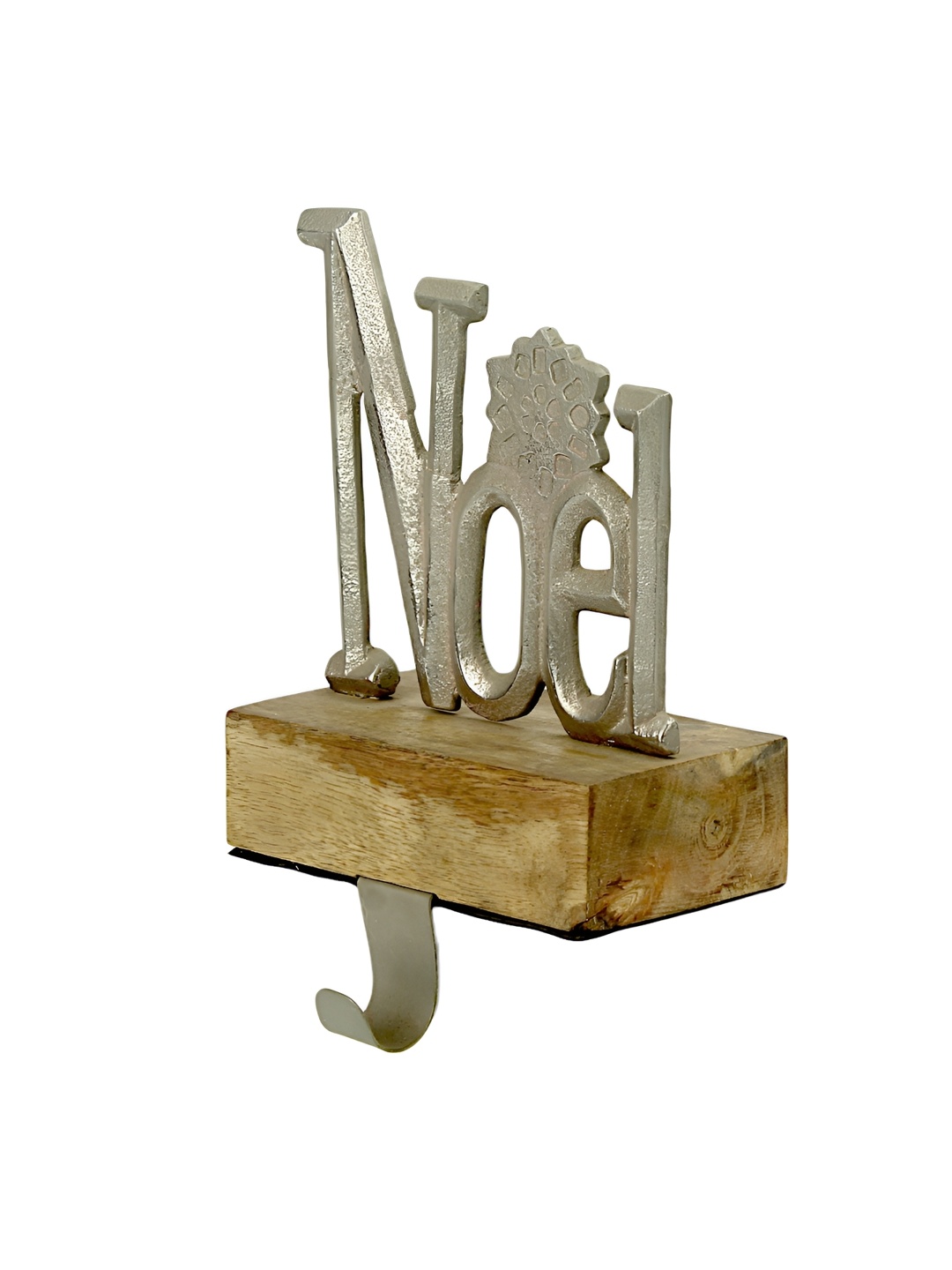 

Hind Decor Silver Toned Aluminum Noel Letter Wooden Base Stocking Holder