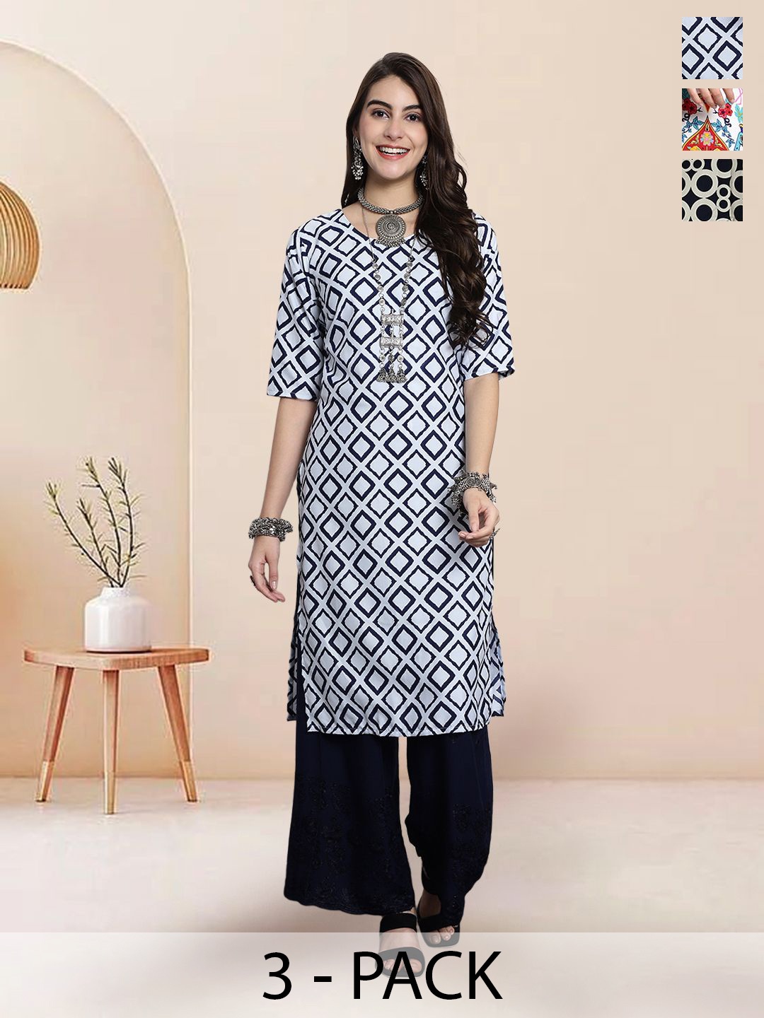 

7Threads Selection Of 3 Geometric Printed Round Neck Straight Kurtas, Blue