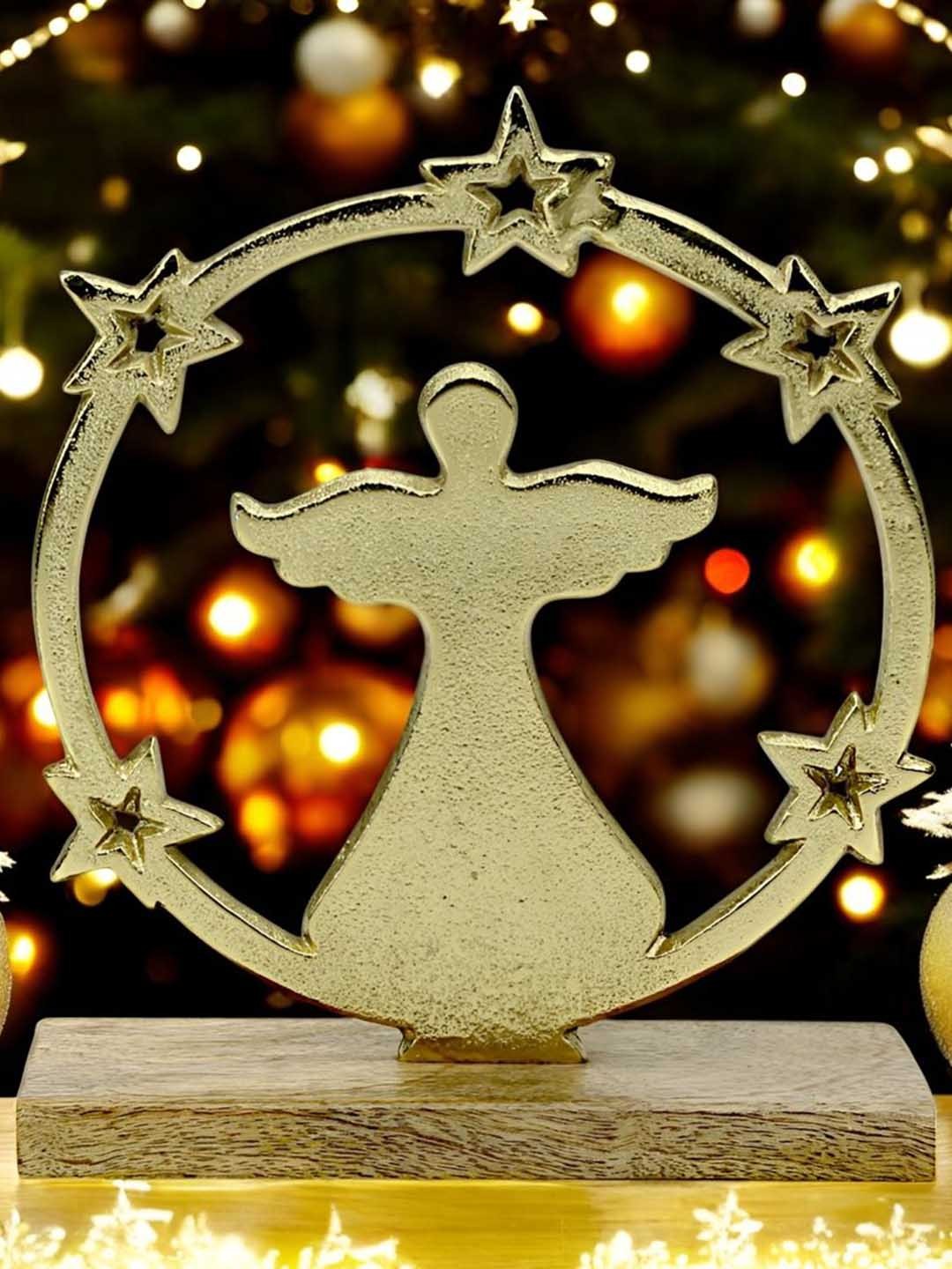 

Hind Decor Gold Toned Handcrafted Christmas Angel In Circle On Wooden Base Showpiece