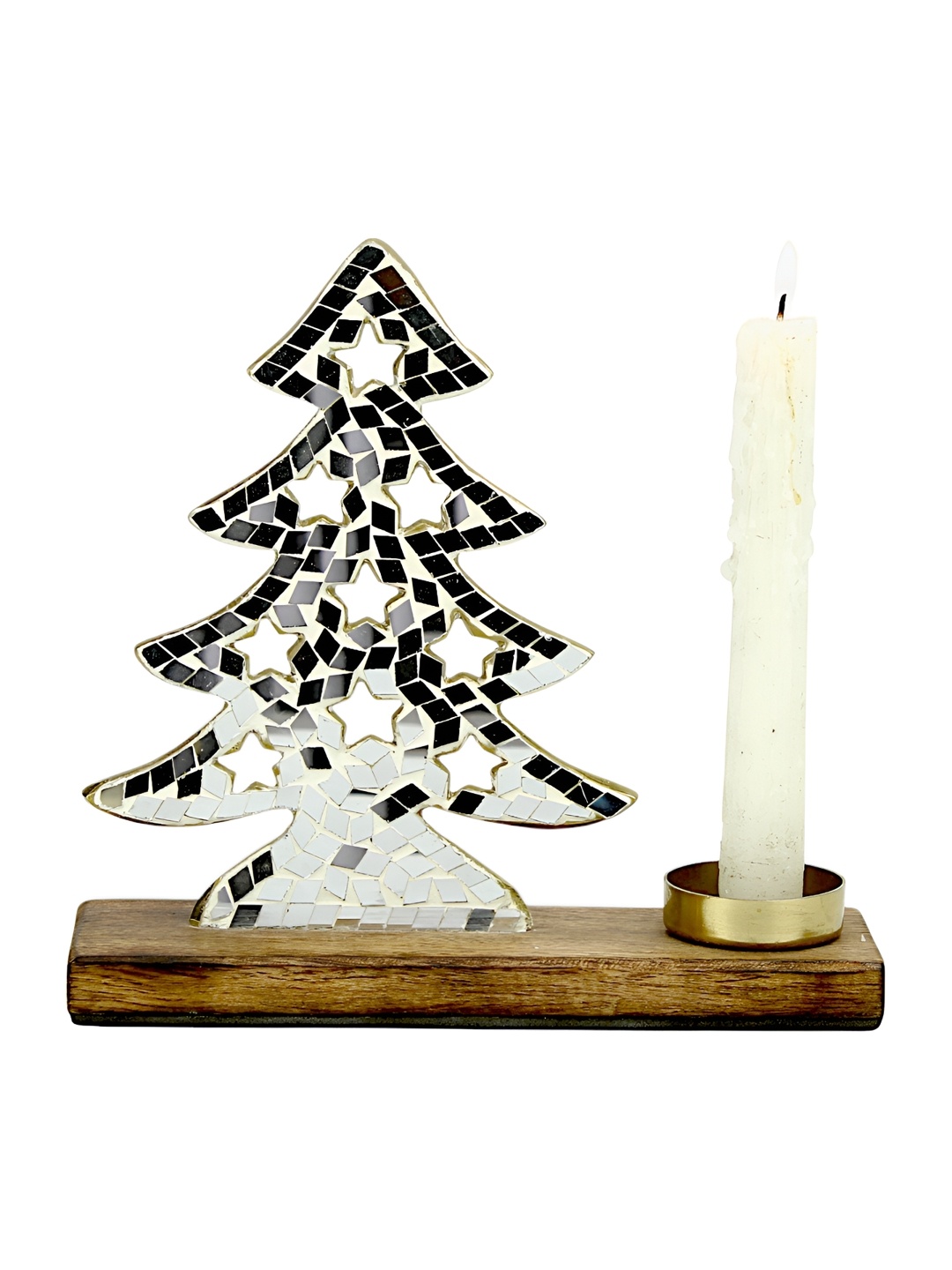 

Hind Decor Silver-Toned Textured Wooden Candle Holder & Tabletop Christmas Decor