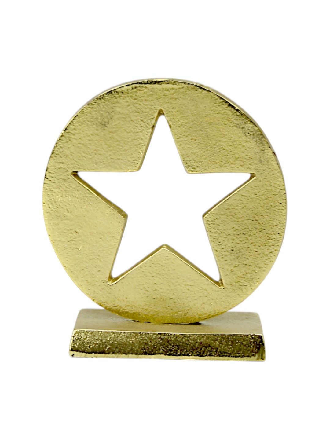 

Hind Decor Gold Toned Aluminium Hollow Star Circle Wooden Base Showpiece