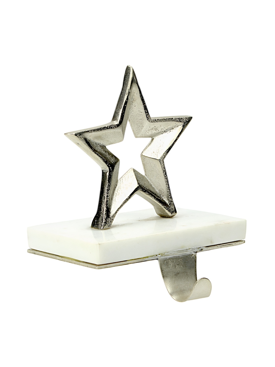 

Hind Decor Silver-Toned and White Aluminium Christmas Star On Marble Base Stocking Holder