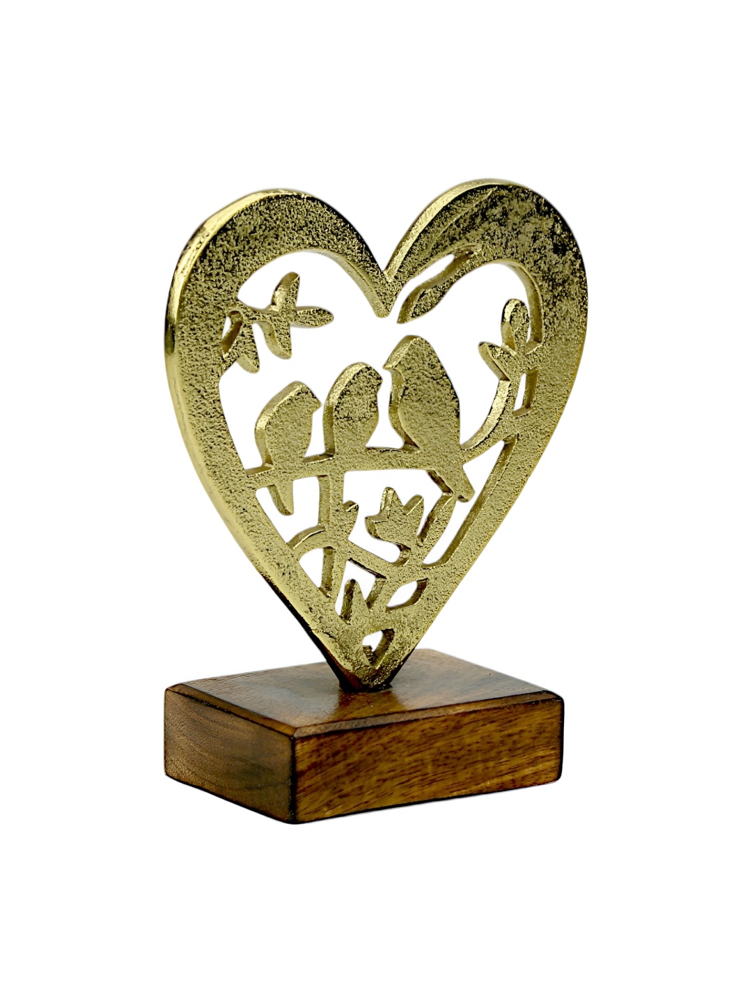 

Hind Decor Gold-Toned Textured Aluminium Heart Shaped Bird In Nest Wooden Base