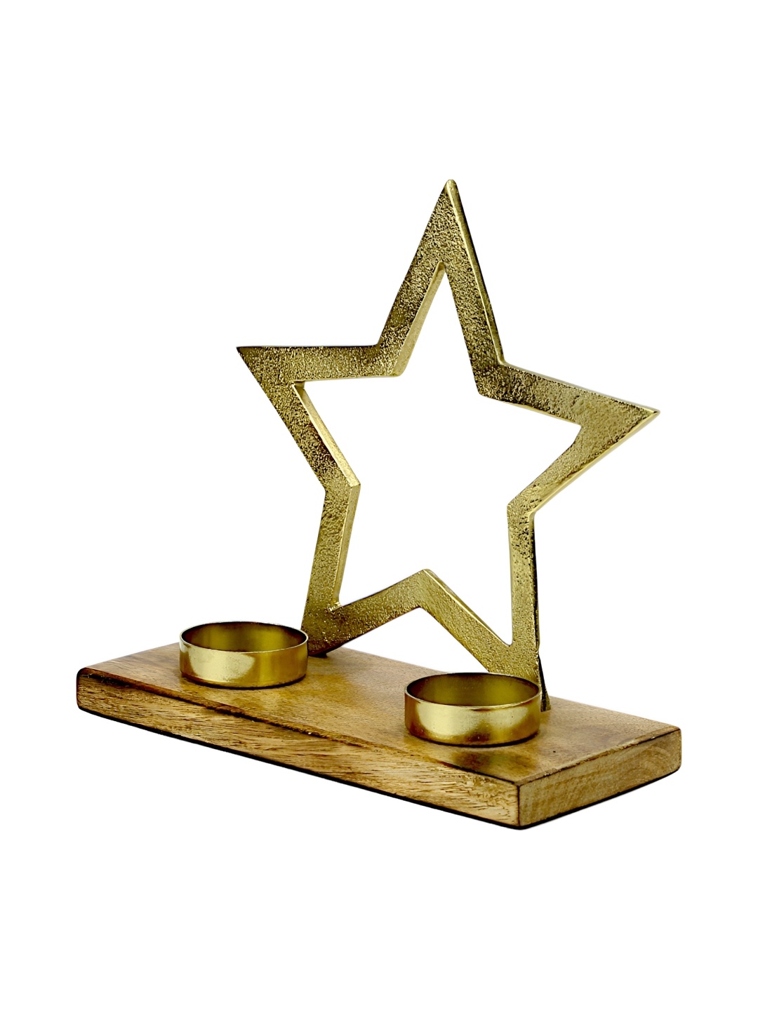 Hind Decor Gold-Toned Aluminium & Wooden Base Christmas Star 2 Candle Holder