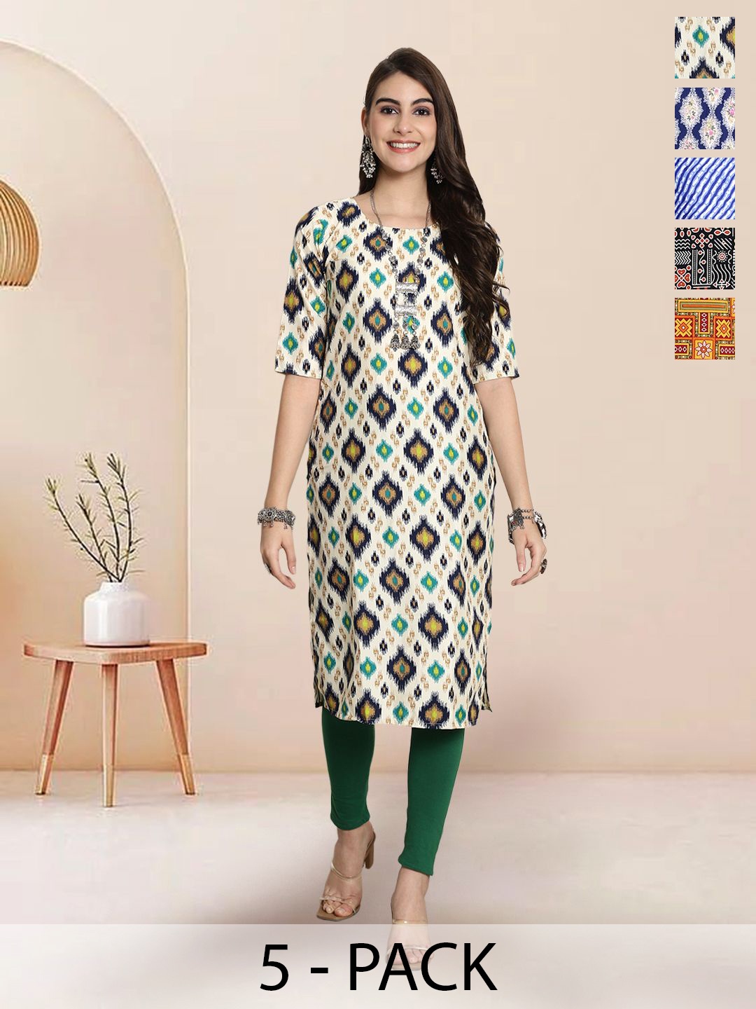 

7Threads Selection Of 5 Ethnic Motifs Printed Round Neck Straight Kurtas, Off white