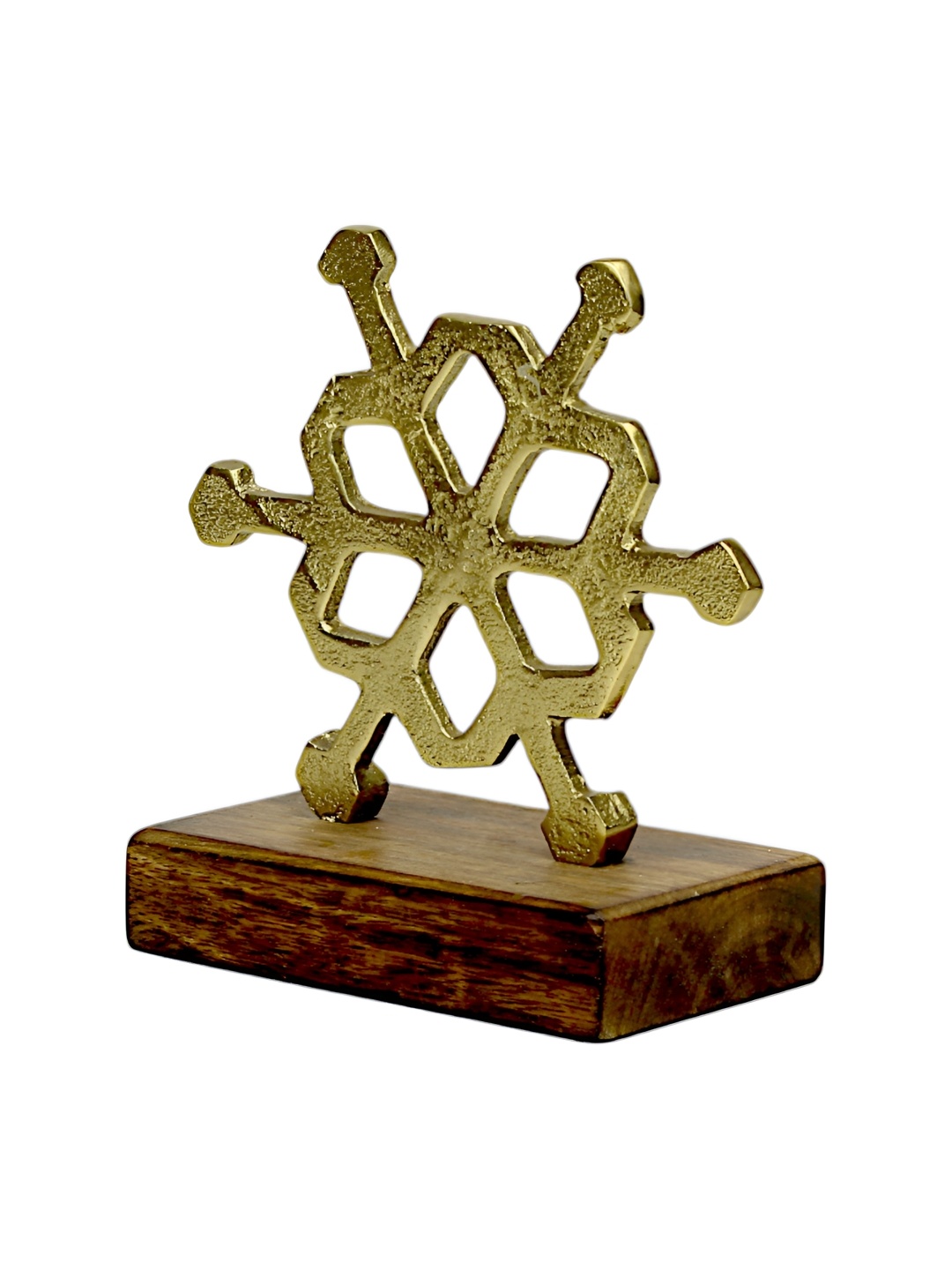 

Hind Decor Gold-Toned Textured Aluminium Christmas Snow Figurine On Wooden Base Showpiece