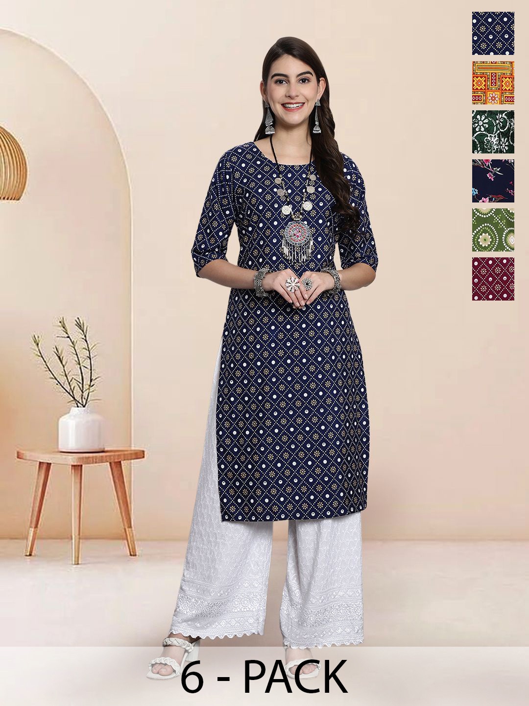 

7Threads Selection Of 6 Ethnic Motifs Printed Round Neck Straight Kurta, Navy blue