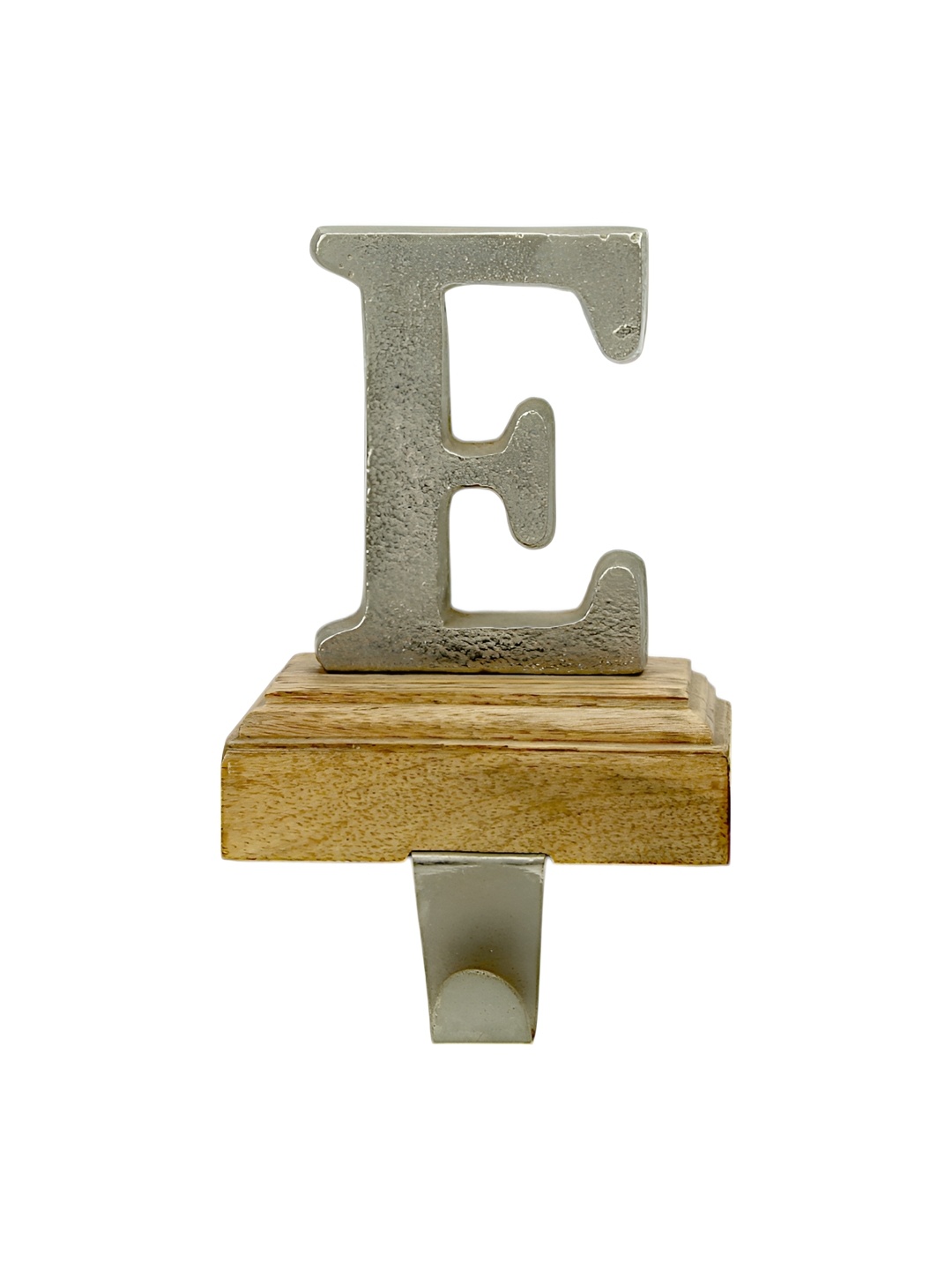

Hind Decor Silver-Toned & Brown Aluminum 'E' Letter Wooden Base Stocking Holder