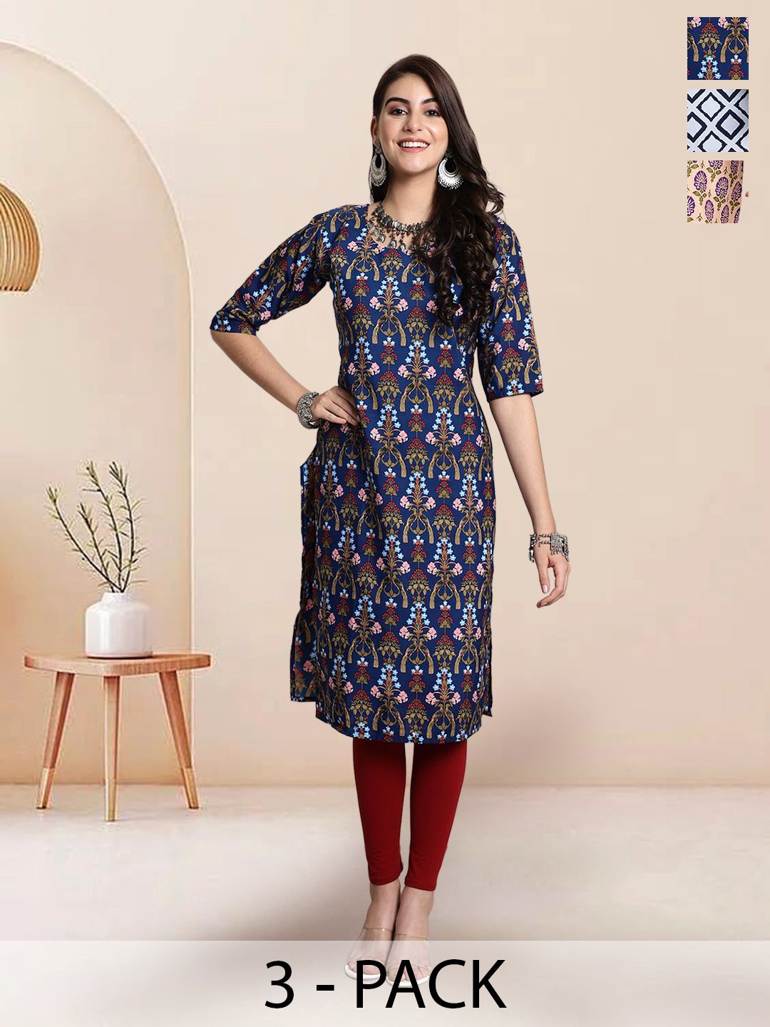 

7Threads Selection Of 3 Floral Printed Round Neck Straight Kurtas, Navy blue