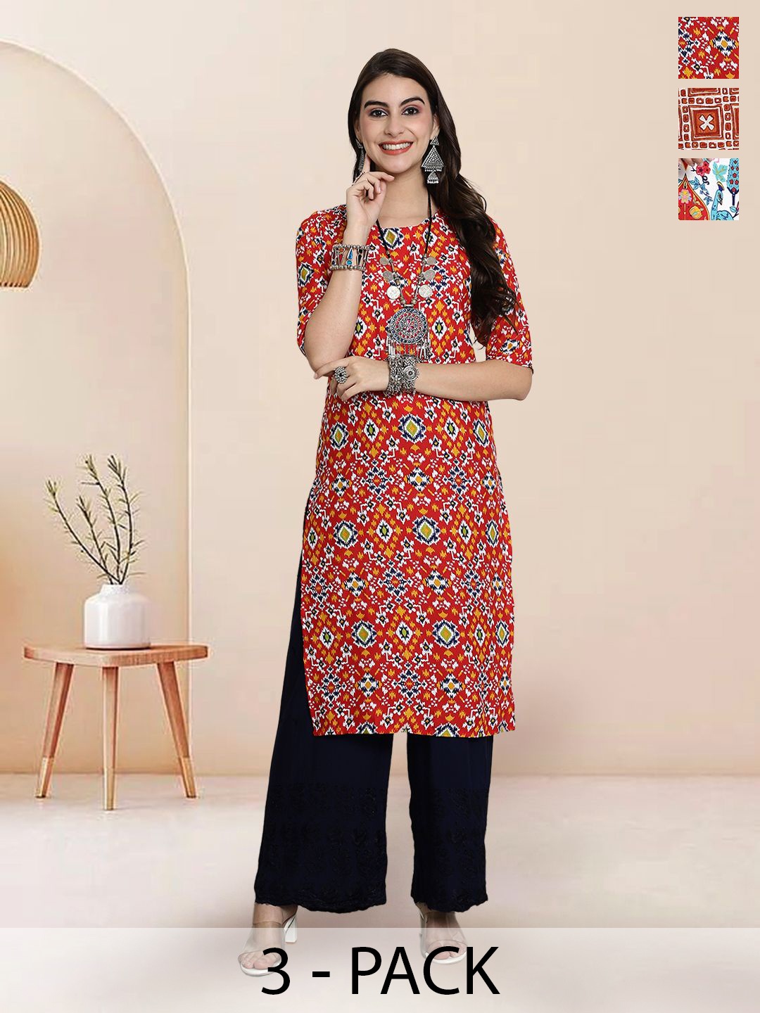 

7Threads Selection of 3 Ethnic Motif Printed Round Neck Straight Kurtas, Orange