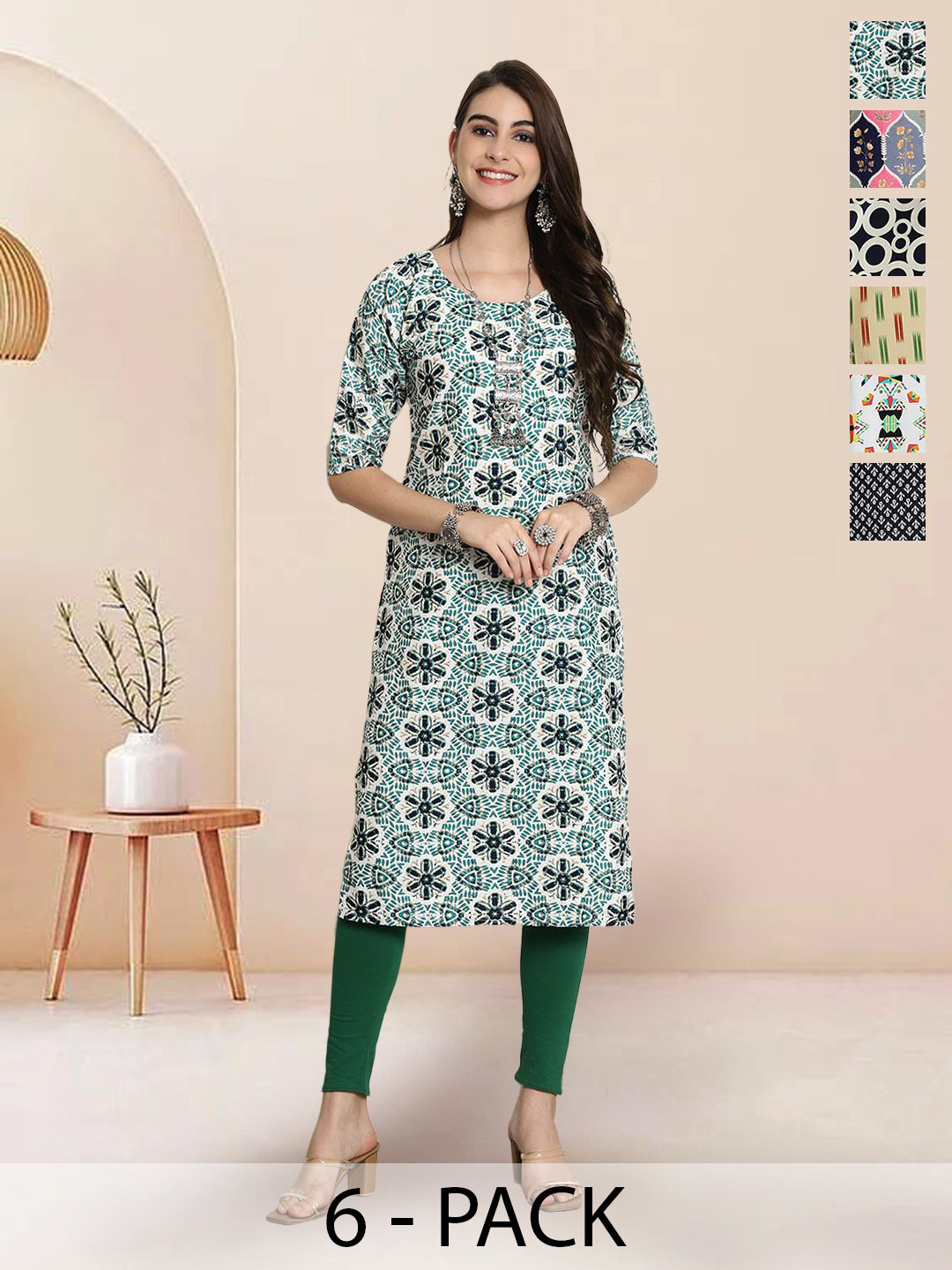 

7Threads Selection of 6 Floral Printed Round Neck Straight Kurtas, Multi