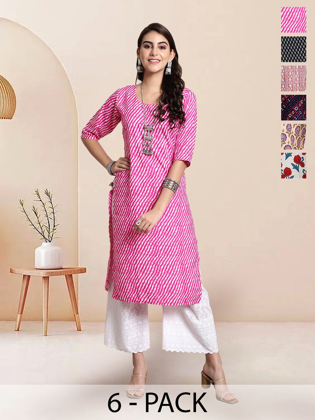 

7Threads Selection of 6 Leheriya Printed Round Neck Straight Kurtas, Pink