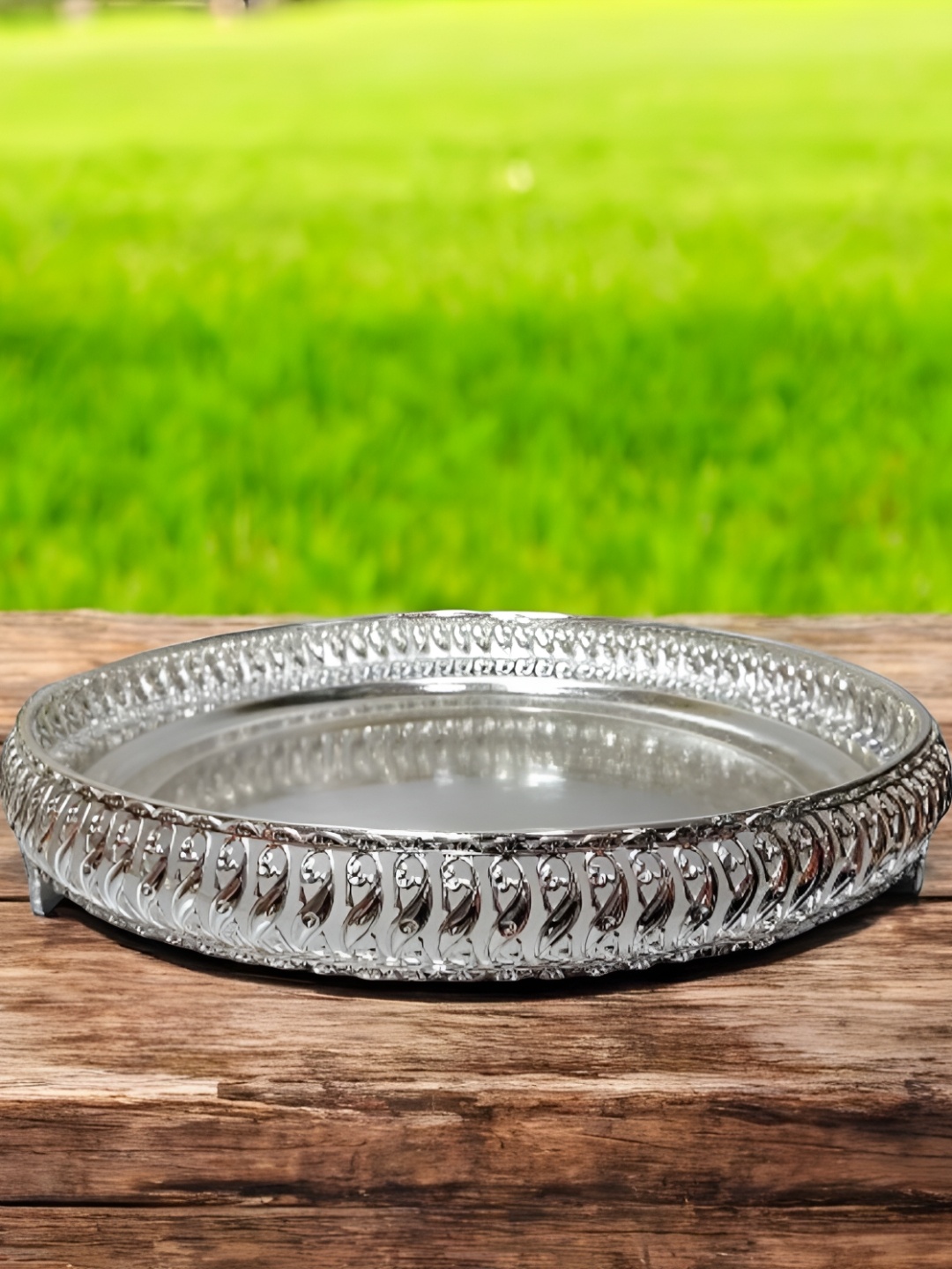 

Sigaram Pooja Articles Silver-Toned Textured Round Wedding Tray