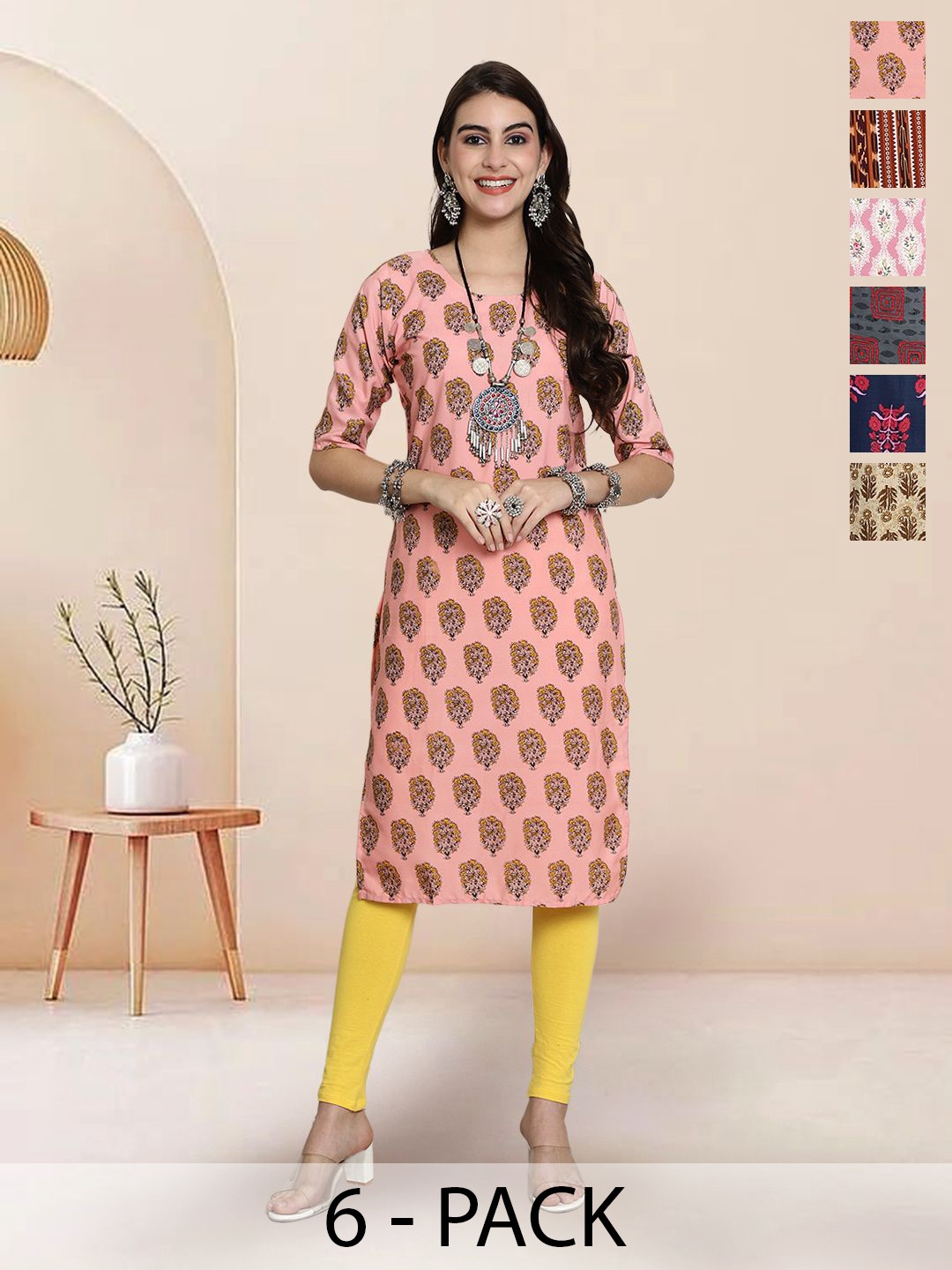 

7Threads Selection Of 6 Floral Printed Round Neck Straight Kurtas, Peach