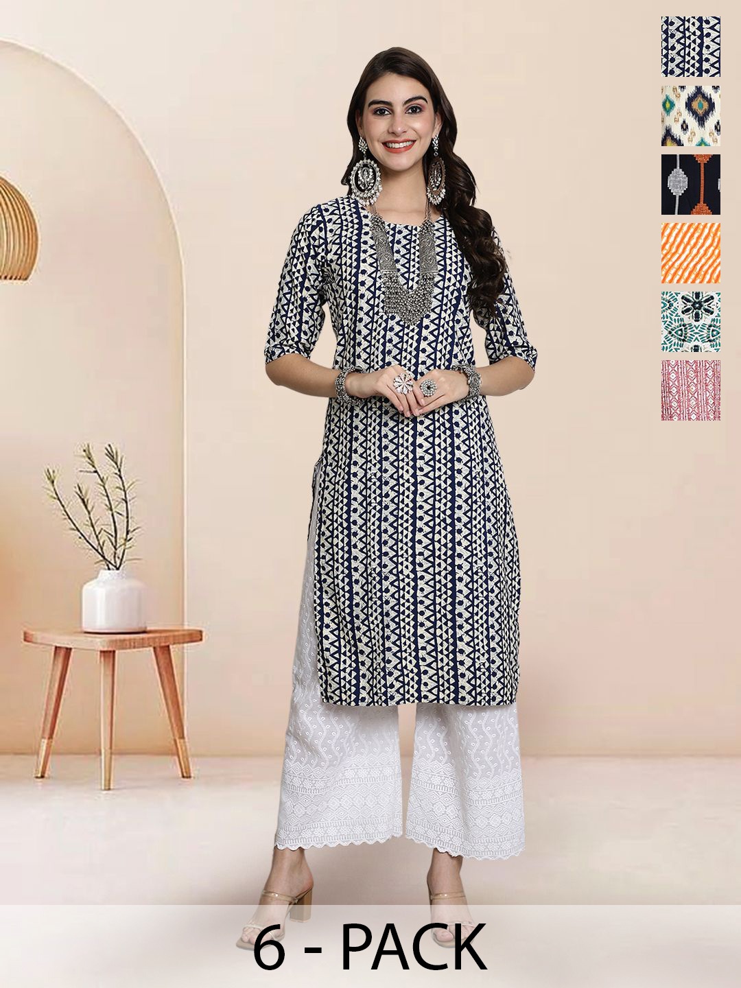 

7Threads Selection Of 6 Ethnic Motifs Printed Round Neck Straight Kurtas, Black