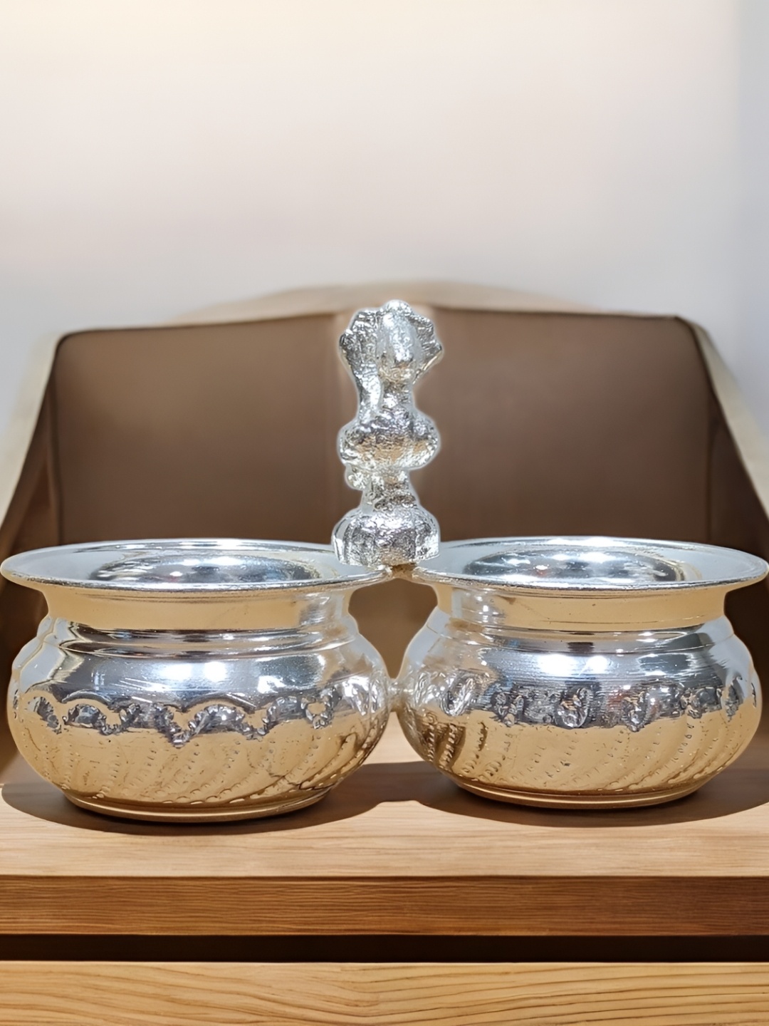 

Sigaram Pooja Articles Silver-Toned Textured 2 Cup Panchwala Kum kum Bharani For Pooja
