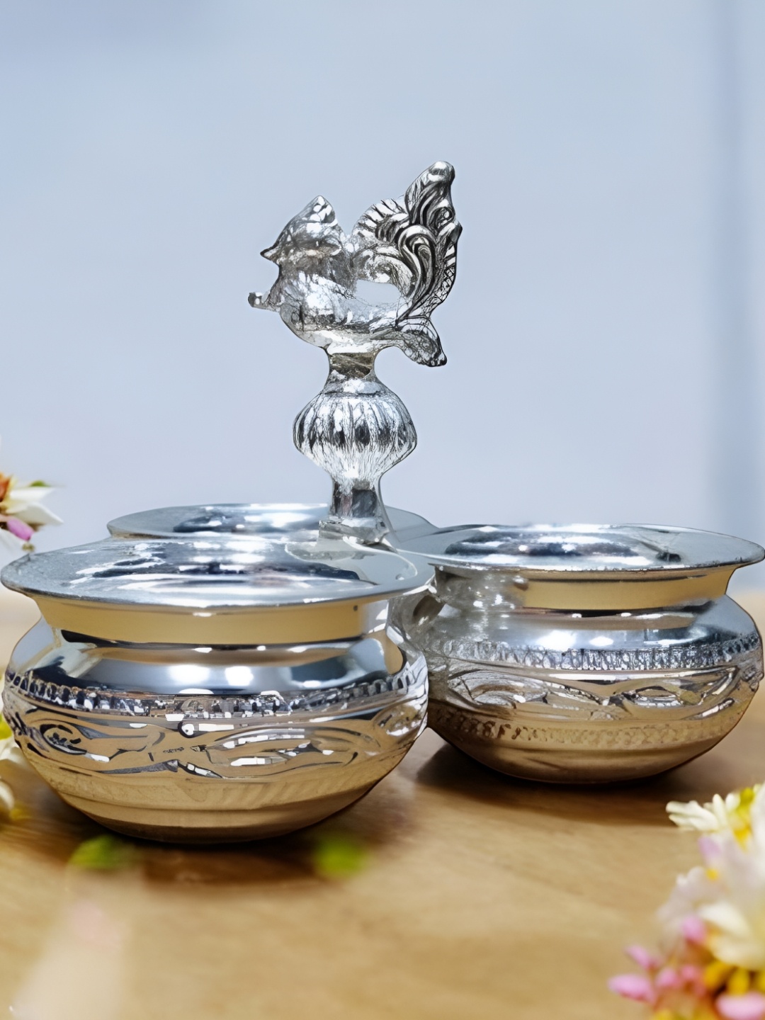 

Sigaram Pooja Articles Silver-Toned German Silver 3 Panchwala Kum Kum Cup For Pooja