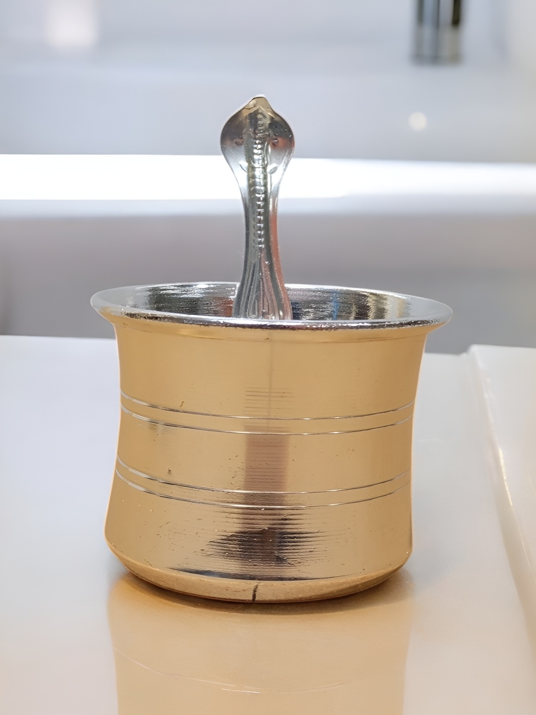 

Sigaram Pooja Articles Silver-Toned Panchpatre With Uddarane For Home Pooja Decor