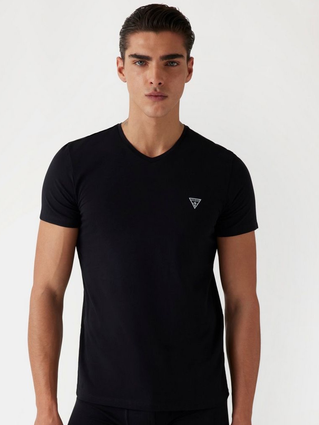 

GUESS Men Solid V-Neck Cotton T-shirt, Black