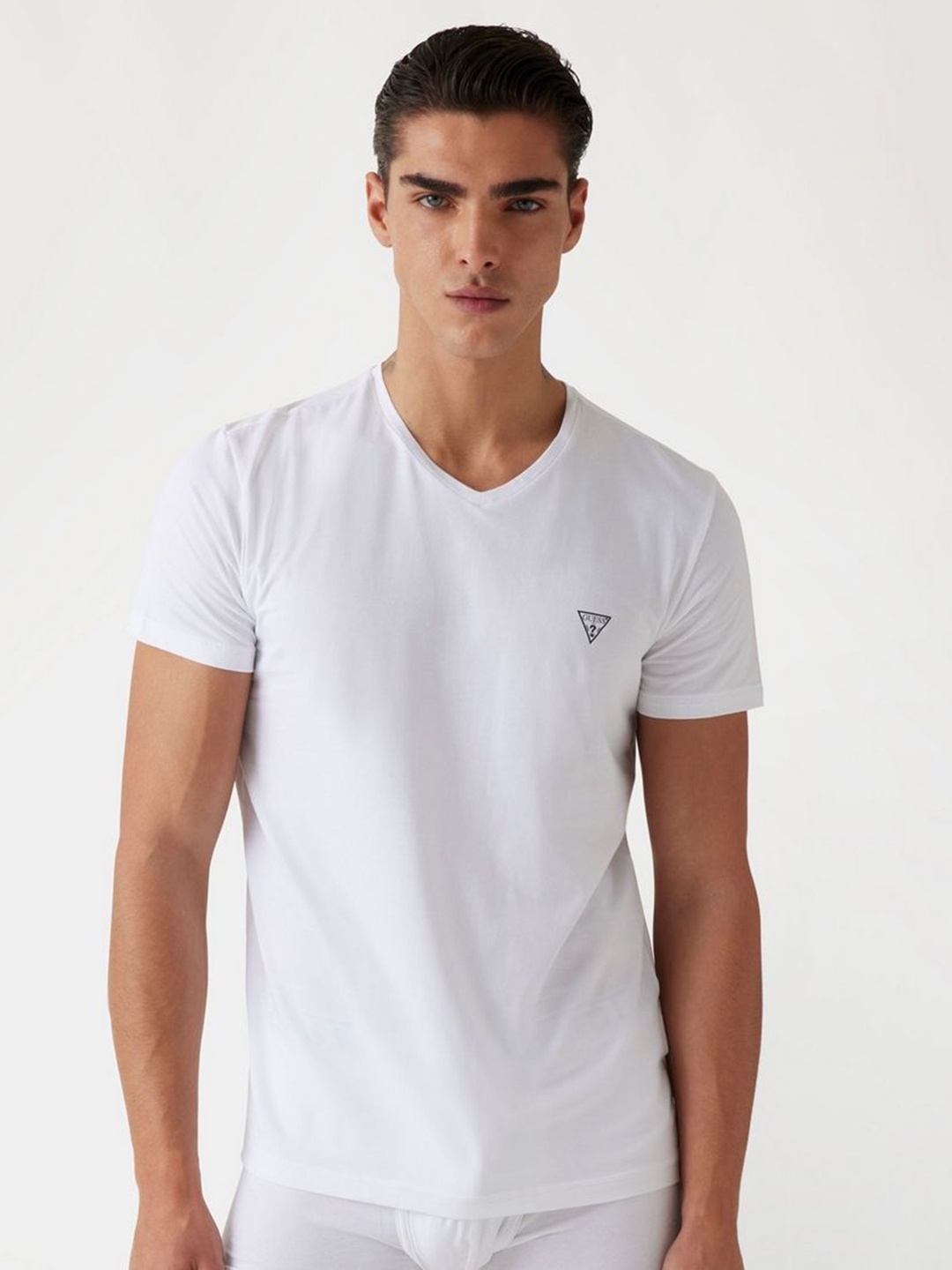 

GUESS Men Solid V-Neck Cotton T-shirt, White