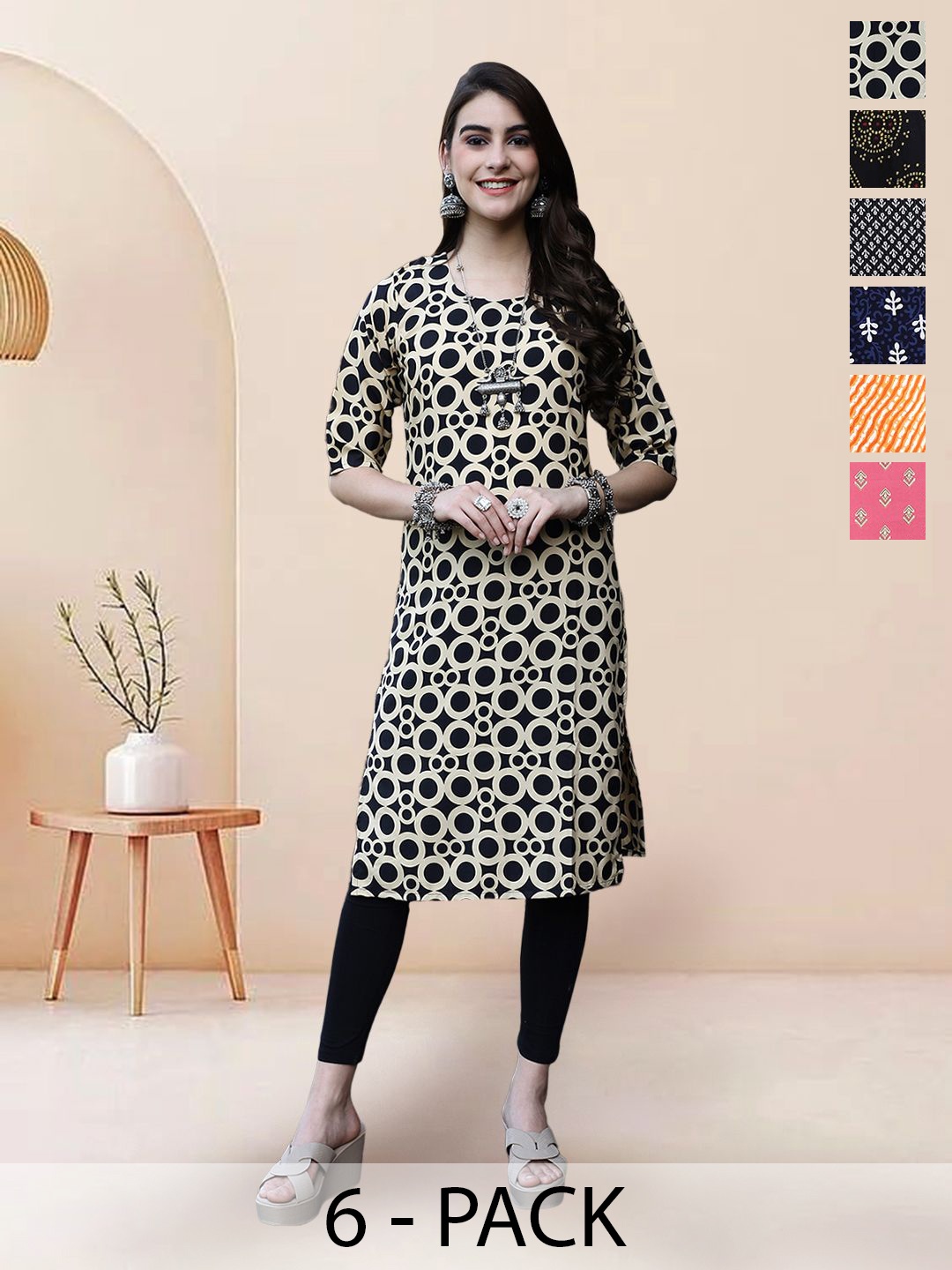 

7Threads Selection Of 6 Geometric Printed Round Neck Straight Kurta, Black