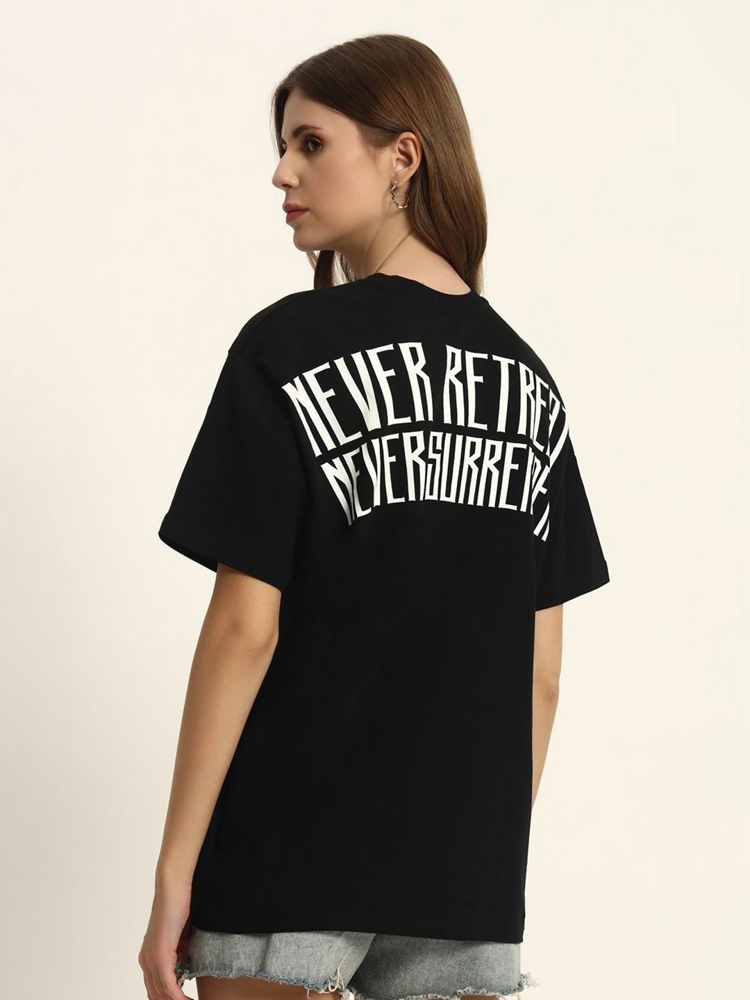 

Anax Aesthetics Women Typography Printed Round Neck Cotton Oversized T-shirt, Black