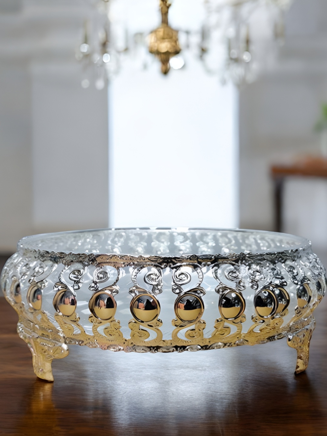 

Sigaram Silver Toned Round Pooja Festival Tray With Stand