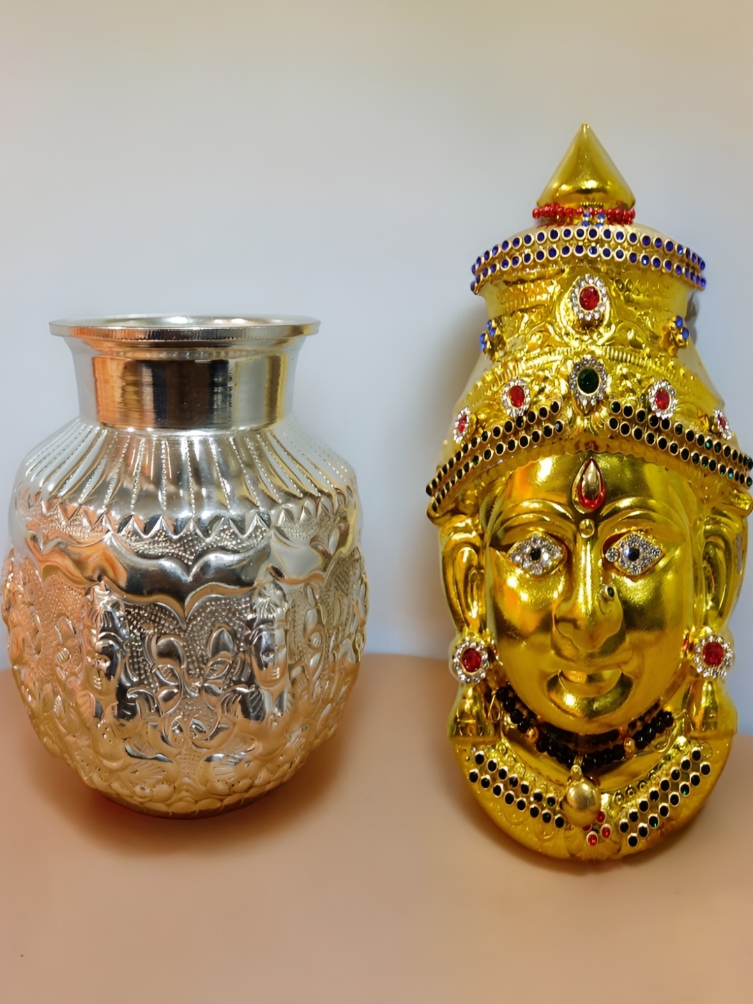 

Sigaram Pooja Articles Silver-Toned Textured German Silver Kalash & Lakshmi Face Mukoot