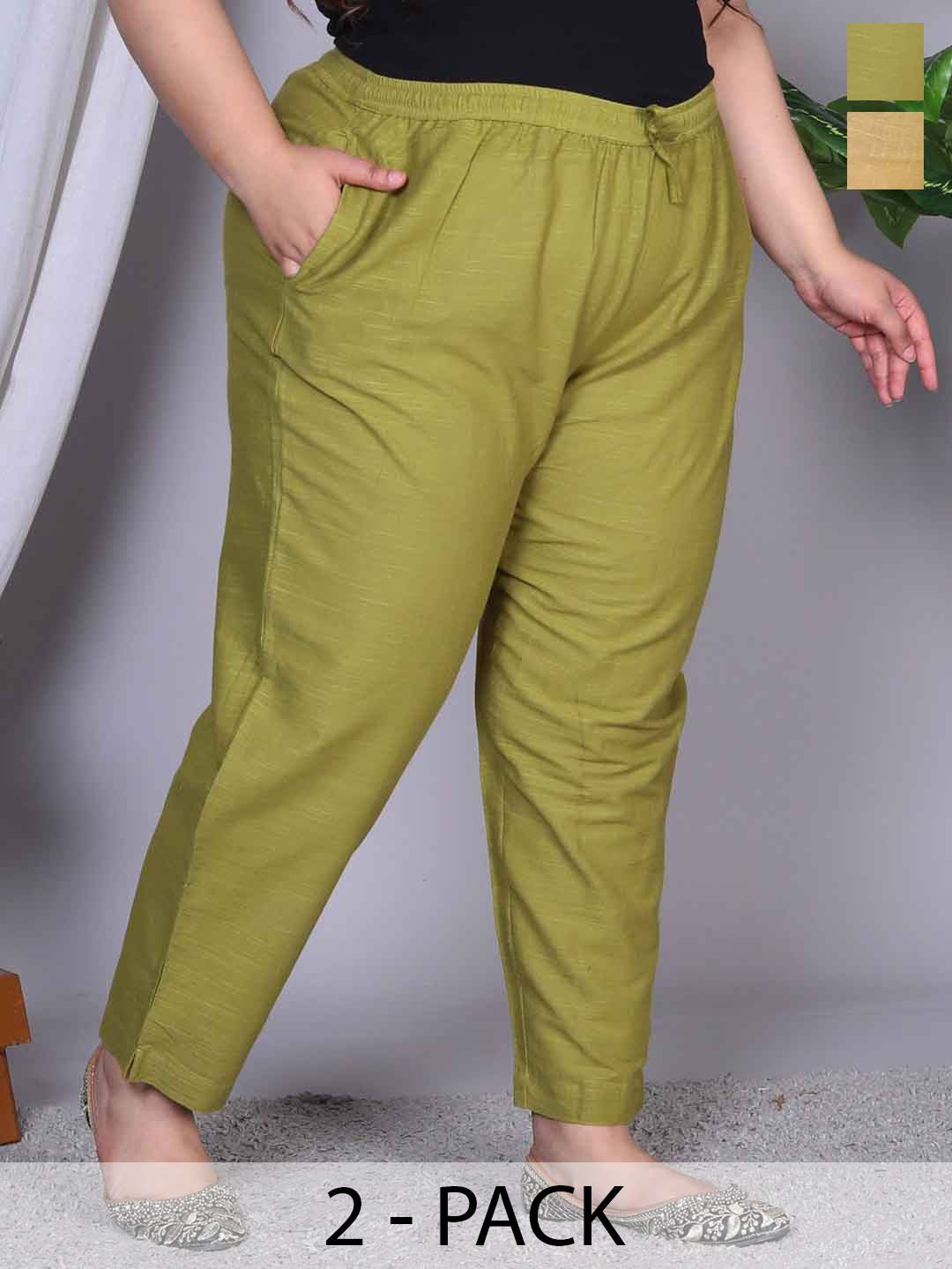 

Prin Fashion House Women Plus Size Pack Of 2 Relaxed Straight Leg Fit Cotton Trousers, Olive