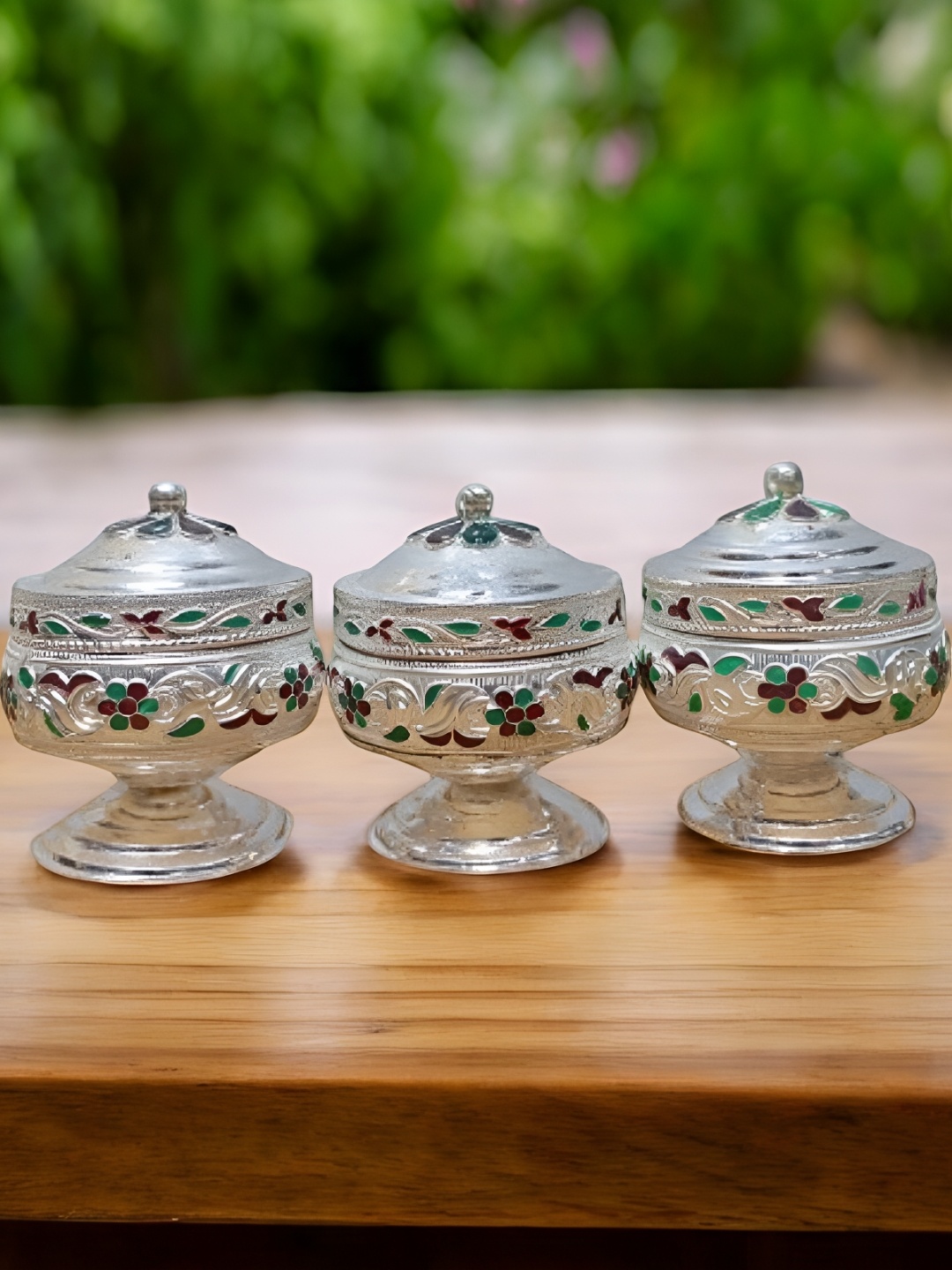 

Sigaram Pooja Articles Silver-Toned & Red 3 Pieces Meenakari Kumkum Dabbi