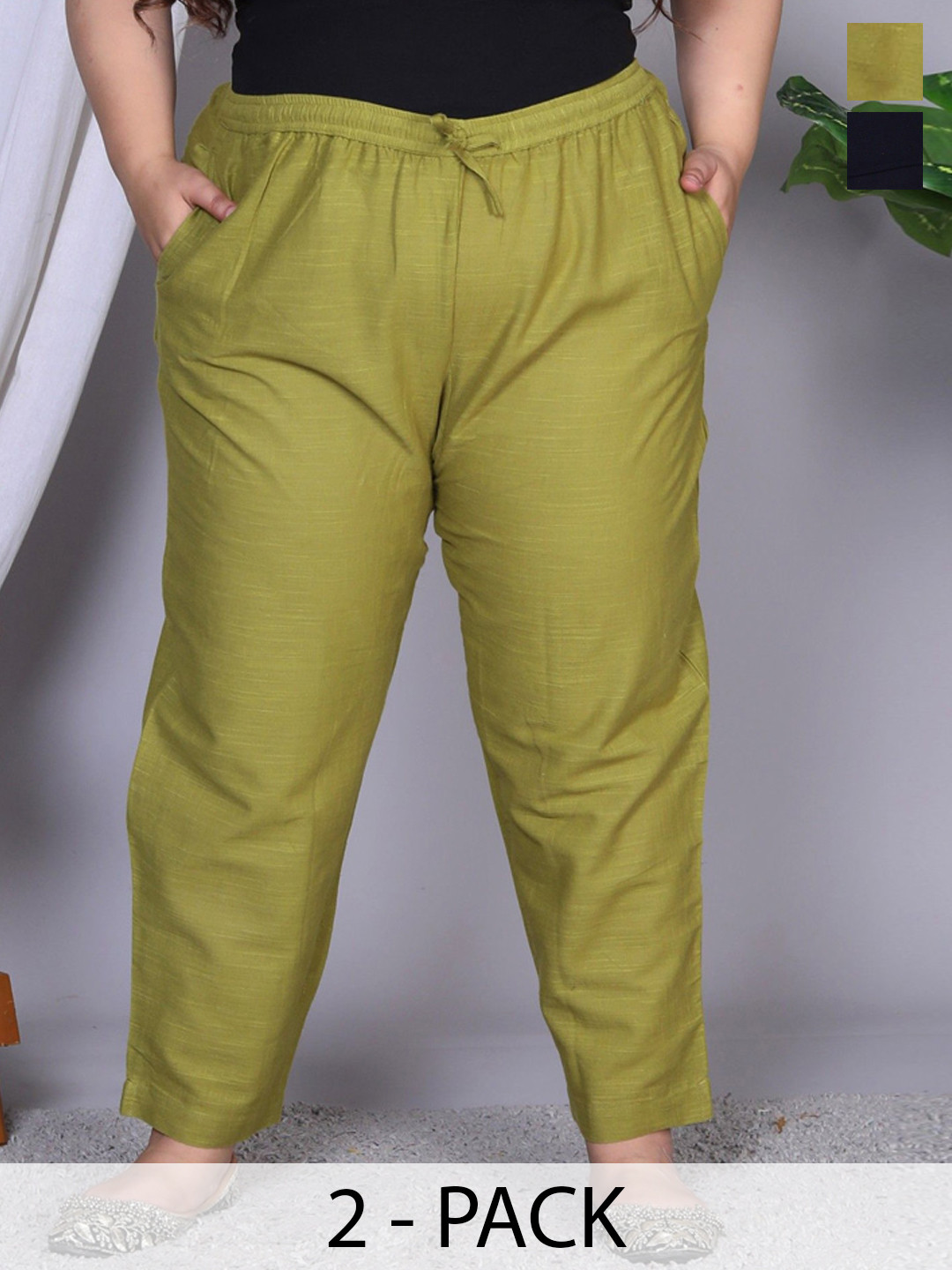 

Prin Fashion House Women Pack Of 2 Plus Size Cotton Relaxed Straight Leg Trousers, Olive