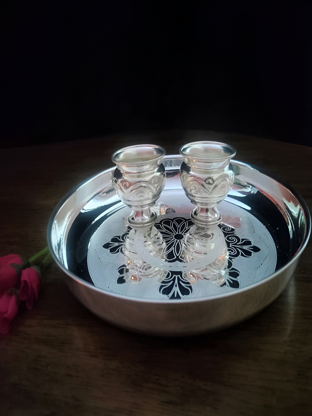 

Sigaram Pooja Articles Silver-Toned German Silver Plate & 2 Pieces Kum Kum Cup