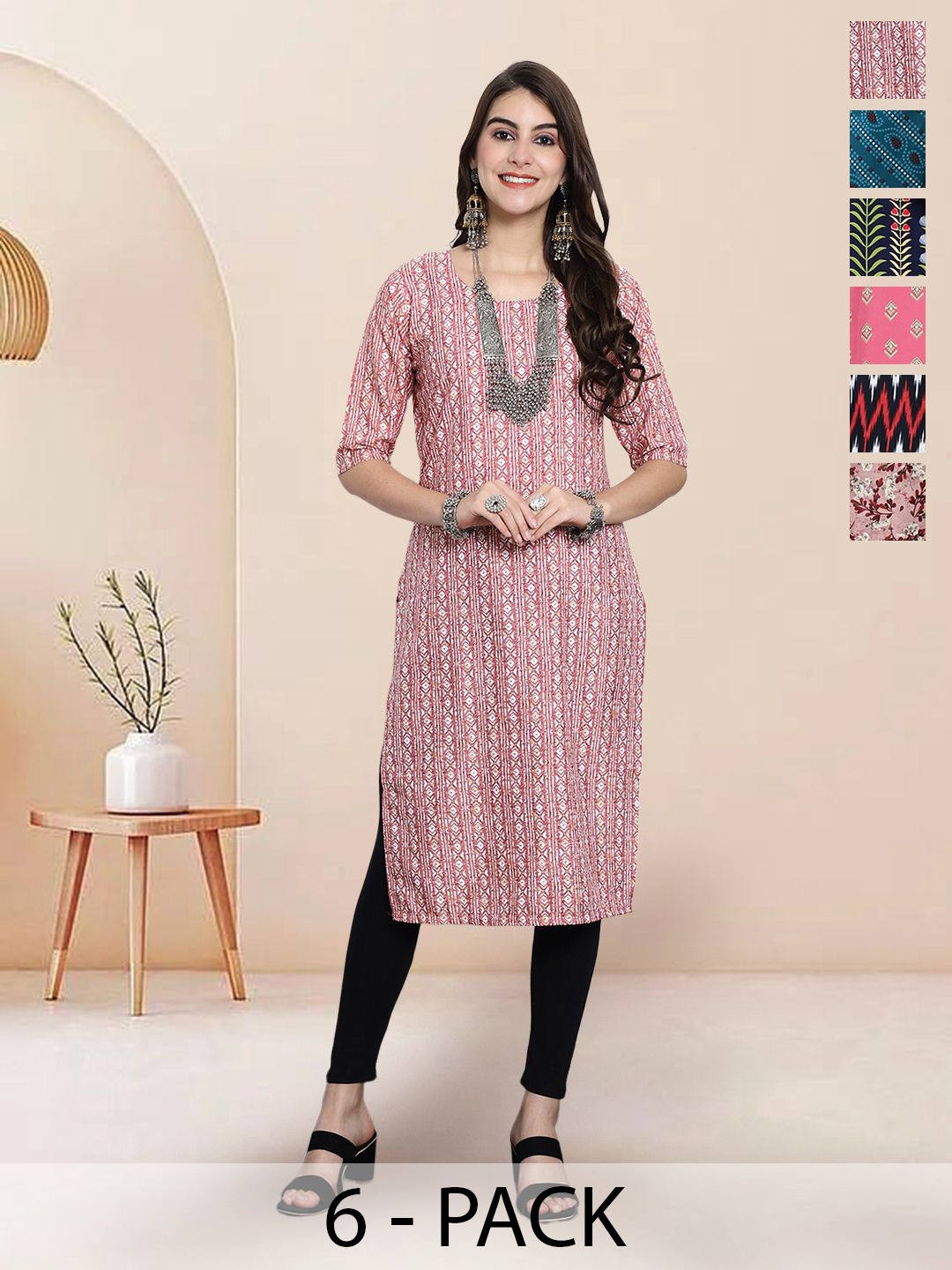

7Threads Selection Of 6 Geometric Printed Round Neck Straight Kurtas, Pink