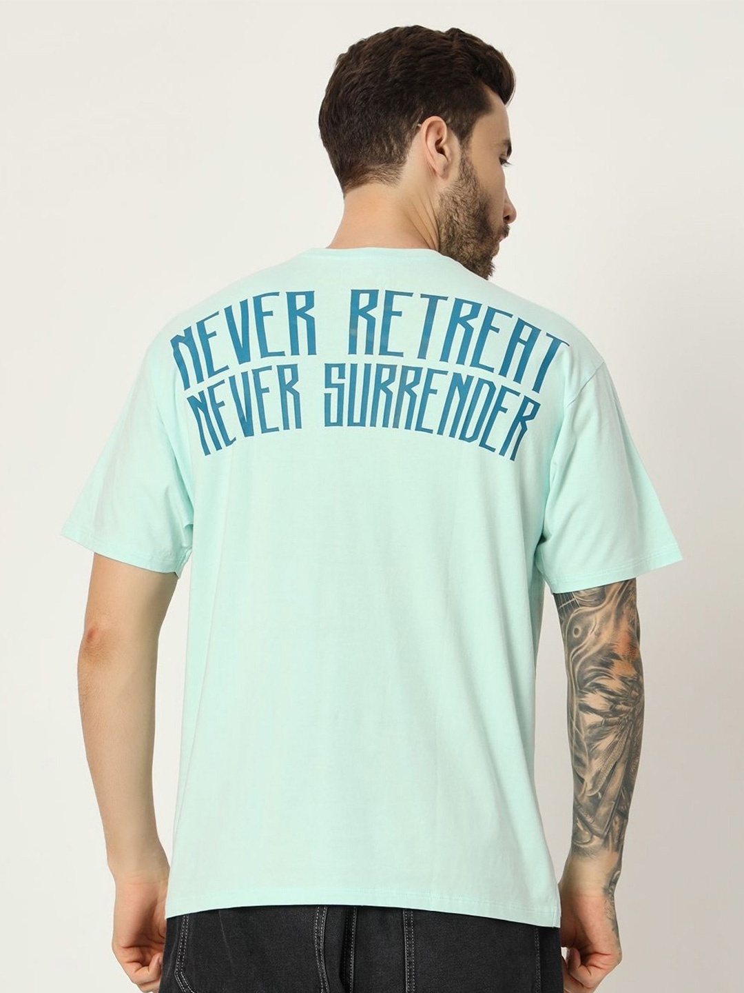 

Anax Aesthetics Men Typography Printed Round Neck Cotton Oversized T-shirt, Blue