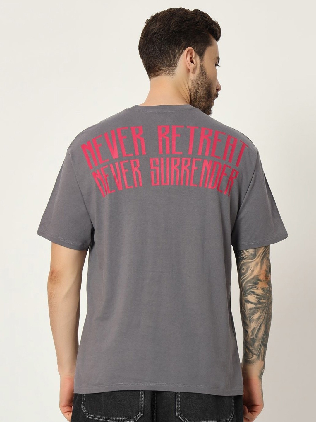 

Anax Aesthetics Men Typography Printed Round Neck Cotton Oversized T-shirt, Grey