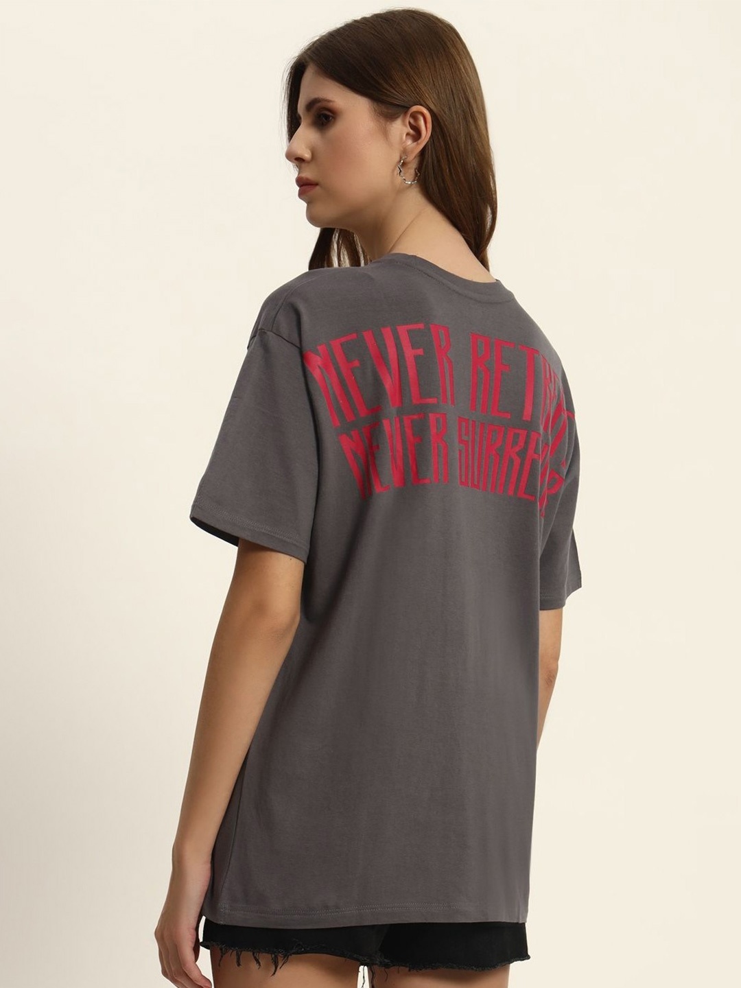 

Anax Aesthetics Women Typography Printed Round Neck Cotton Relaxed Fit T-shirt, Grey