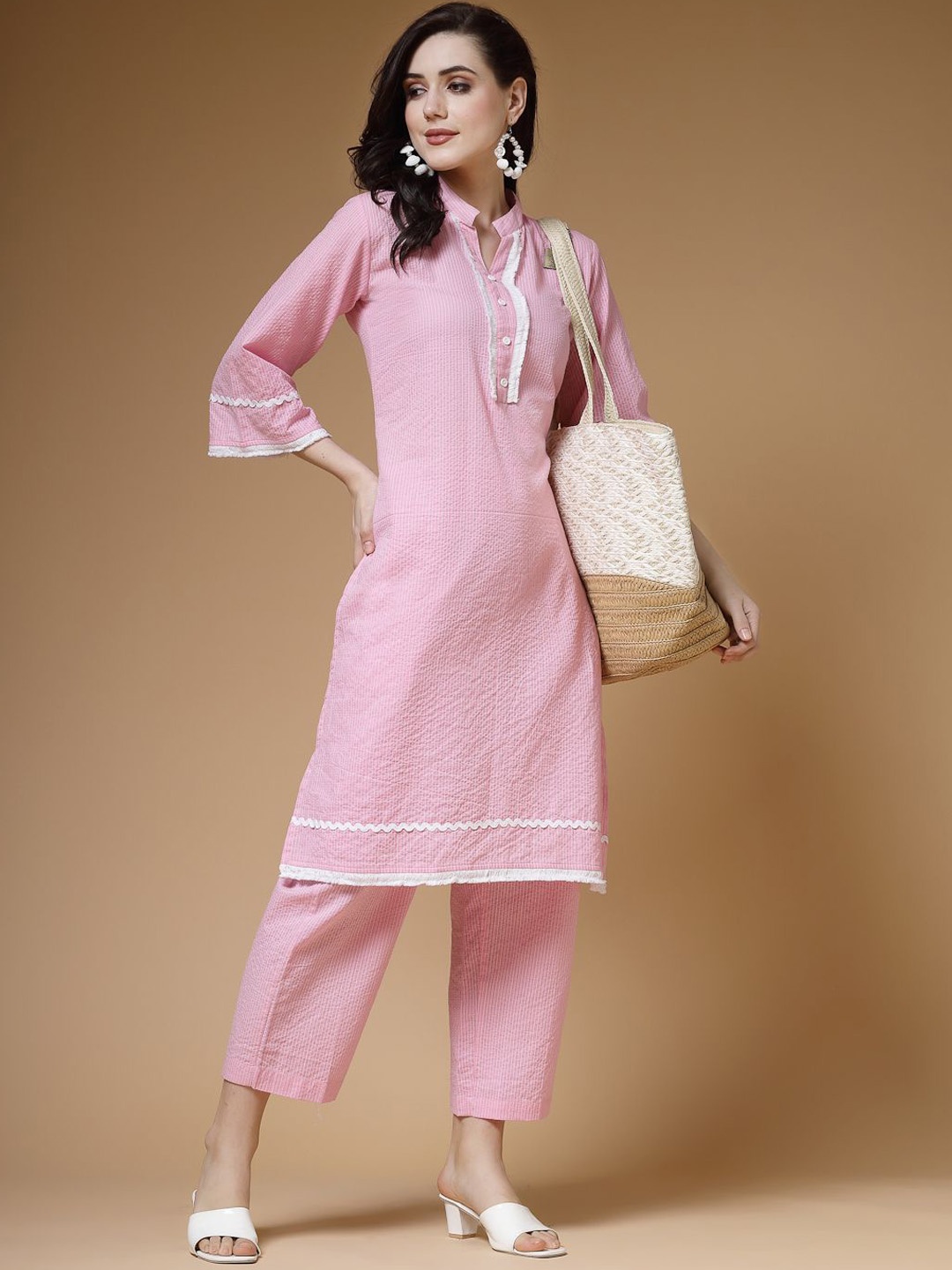 

Indibelle Striped Pure Cotton Tunic with Trousers, Pink