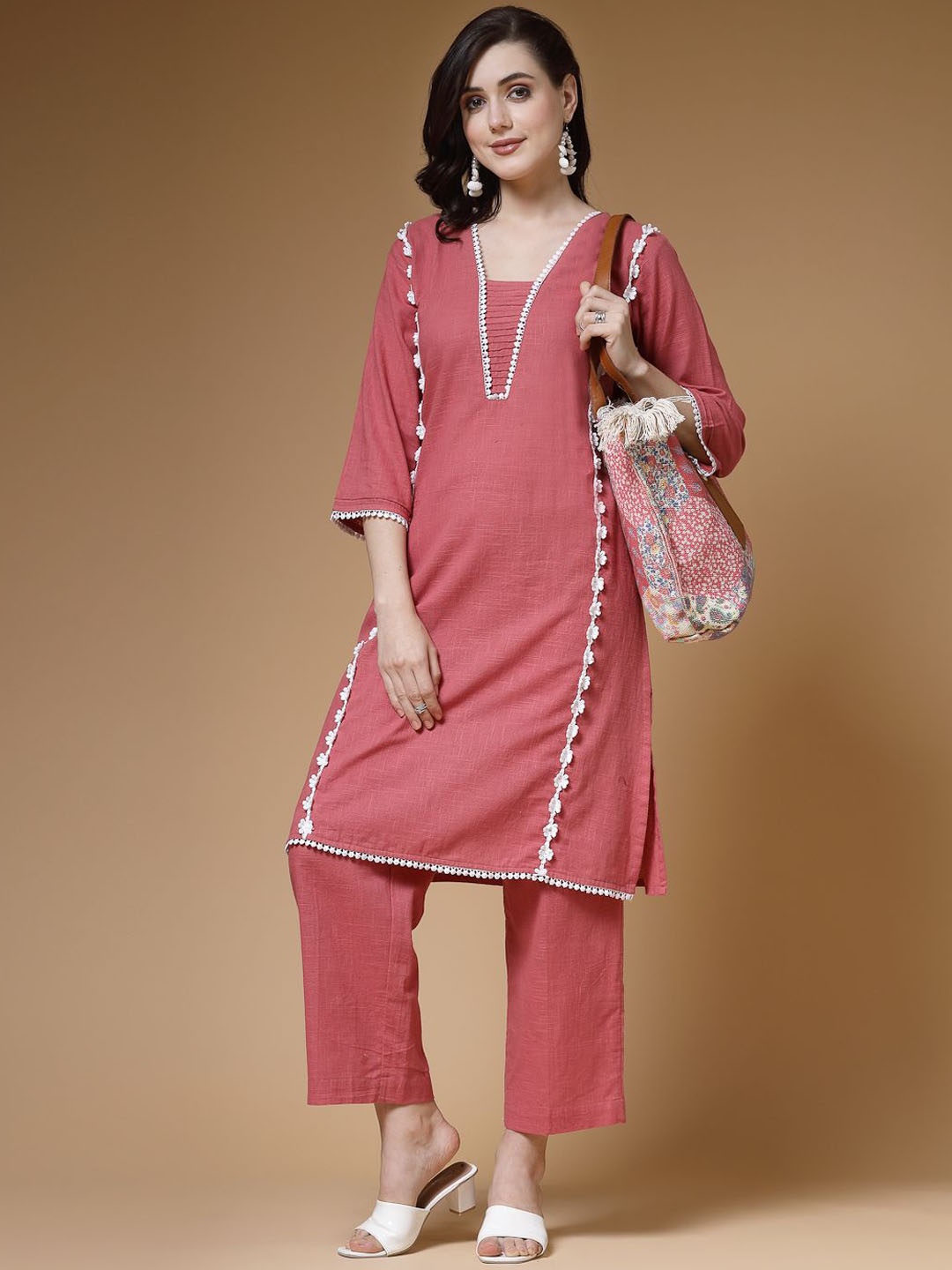 

Indibelle V-Neck Pure Cotton Tunic With Trousers, Peach