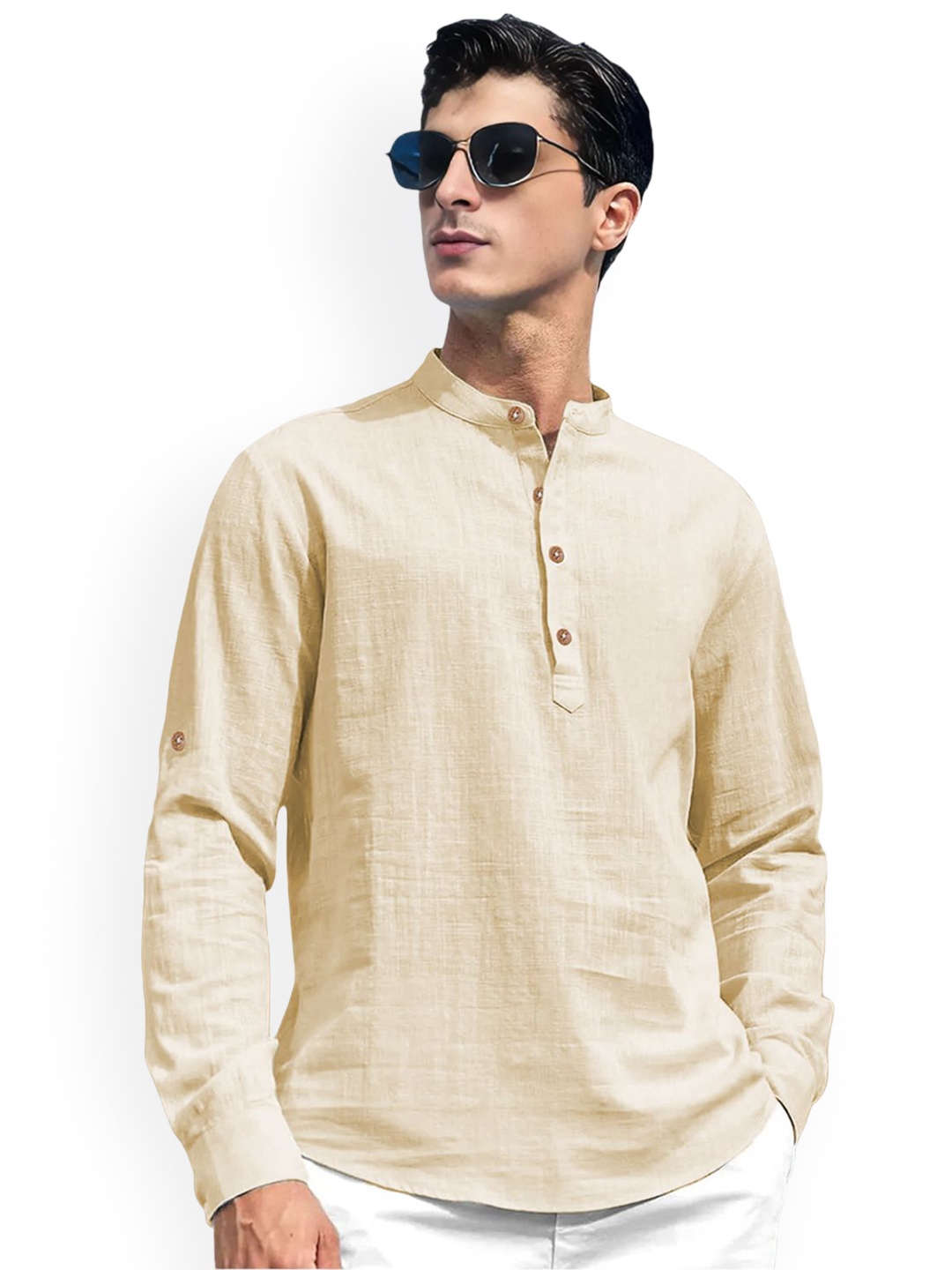 

Vida Loca Mandarin Collar Pure Cotton Slim Fit Straight Short Kurta, Beige