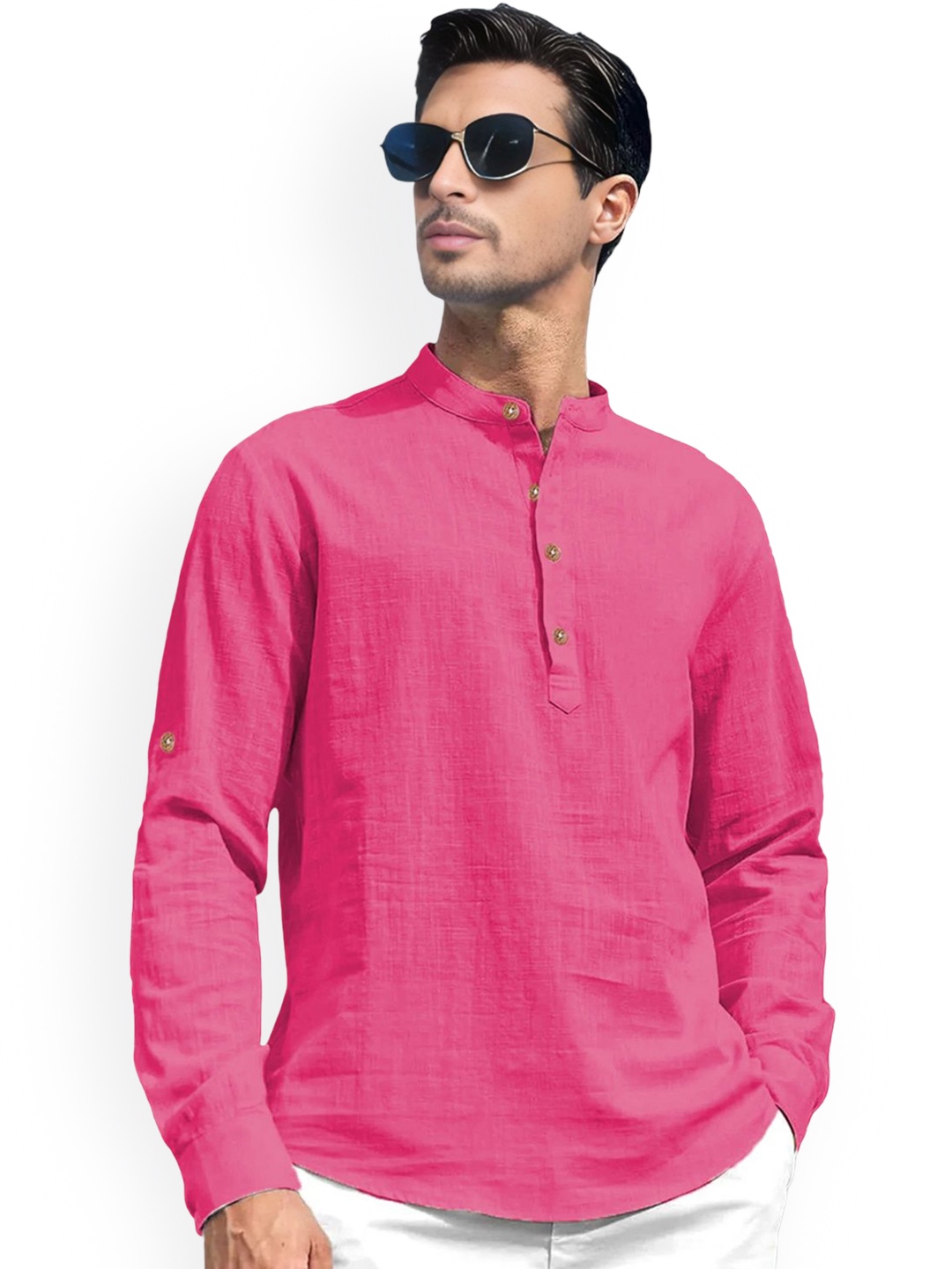 

Vida Loca Band Collar Roll-Up Sleeves Pure Cotton Slim Fit Straight Short Kurta, Pink