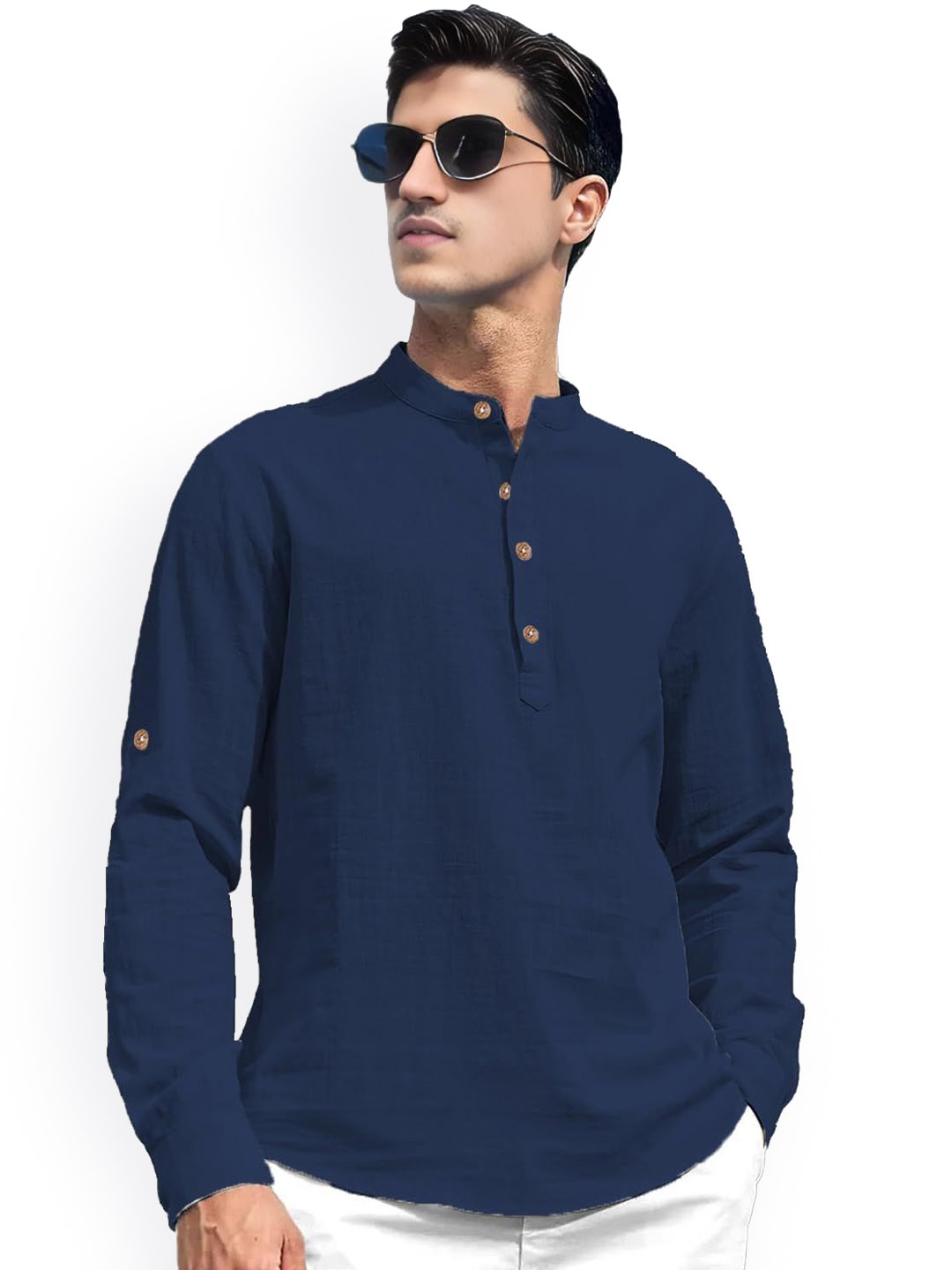 

Vida Loca Band Collar Roll-Up Sleeves Pure Cotton Slim Fit Straight Short Kurta, Navy blue