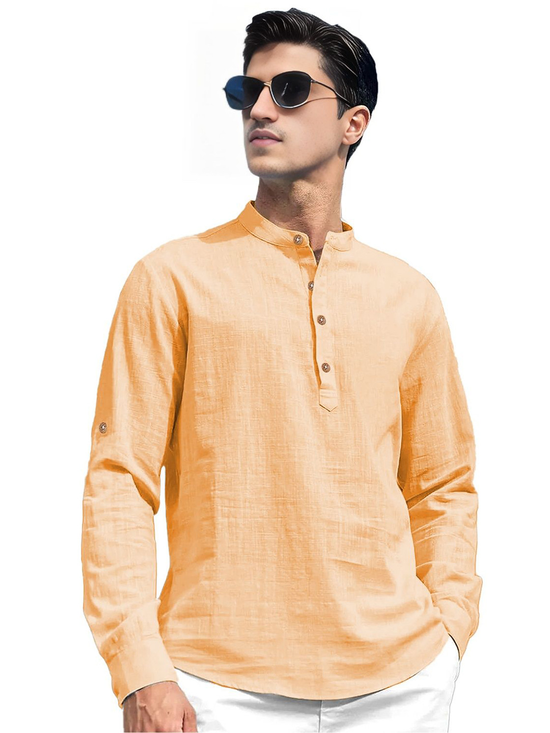 

Vida Loca Roll-Up Sleeves Band Collar Cotton Straight Short Kurta, Orange