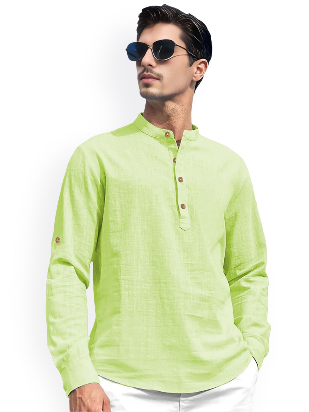 

Vida Loca Band Collar Roll-Up Sleeves Pure Cotton Slim Fit Straight Short Kurta, Green